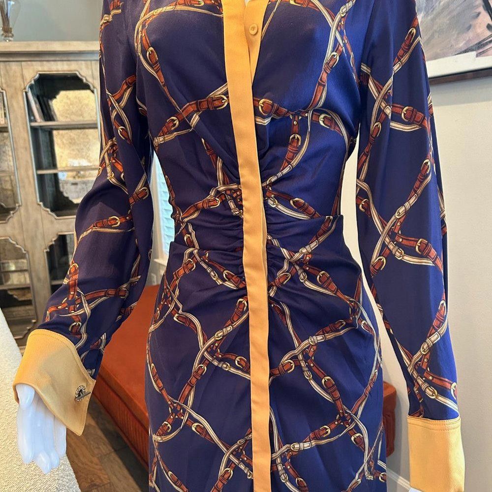 Designer Jonathan Simkhai Saddle-Print Ruched Long-Sleeve Shirtdress Size L / US 10 / IT 46 - 3 Thumbnail