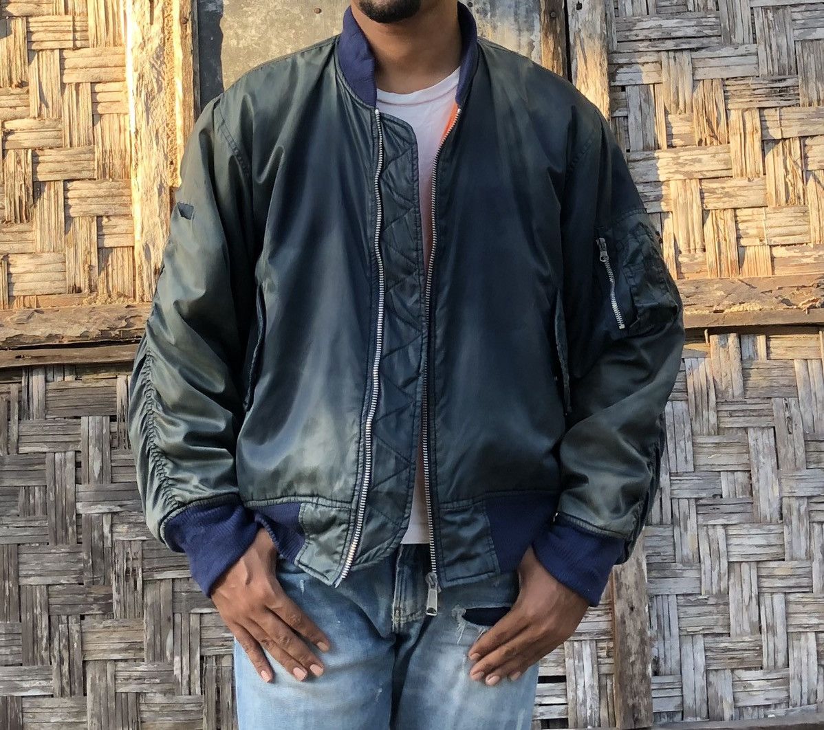image of VTG Thrashed Faded (Usaf)Ma-1 Man Intermediate Bomber Jacket in Faded Olive, Men's (Size Large)