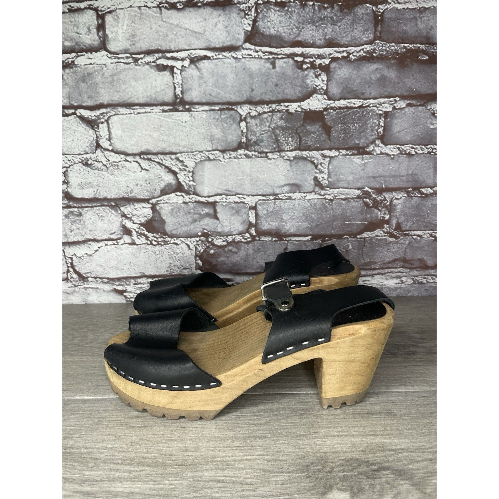 Swedish Hasbeens Swedish Hasbeens Black Leather Wooden Heel Peep Toe Ankle St Size US 7.5 / IT 37.5 - 17 Thumbnail