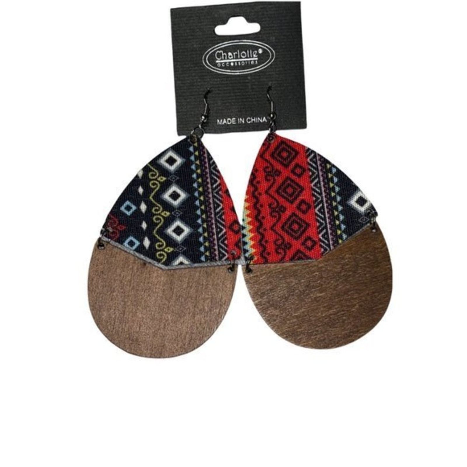 Other Wooden Fabric Boho Aztec Dangle Earrings Black & Red Size ONE SIZE - 2 Thumbnail