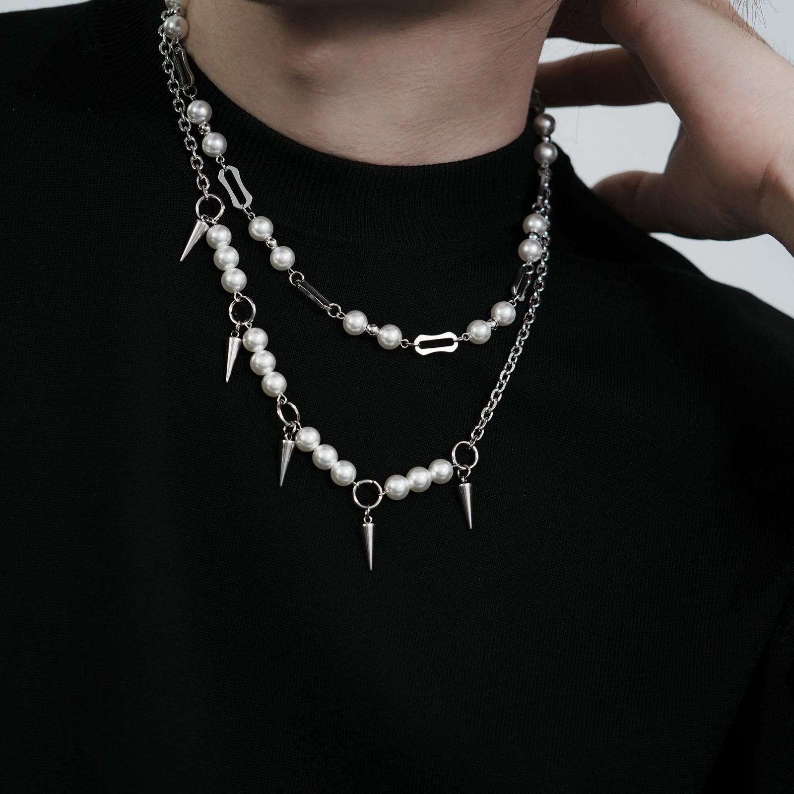 Jewelry Rivet Pearl Tassel Necklace – Layered Silver Size ONE SIZE - 3 Thumbnail