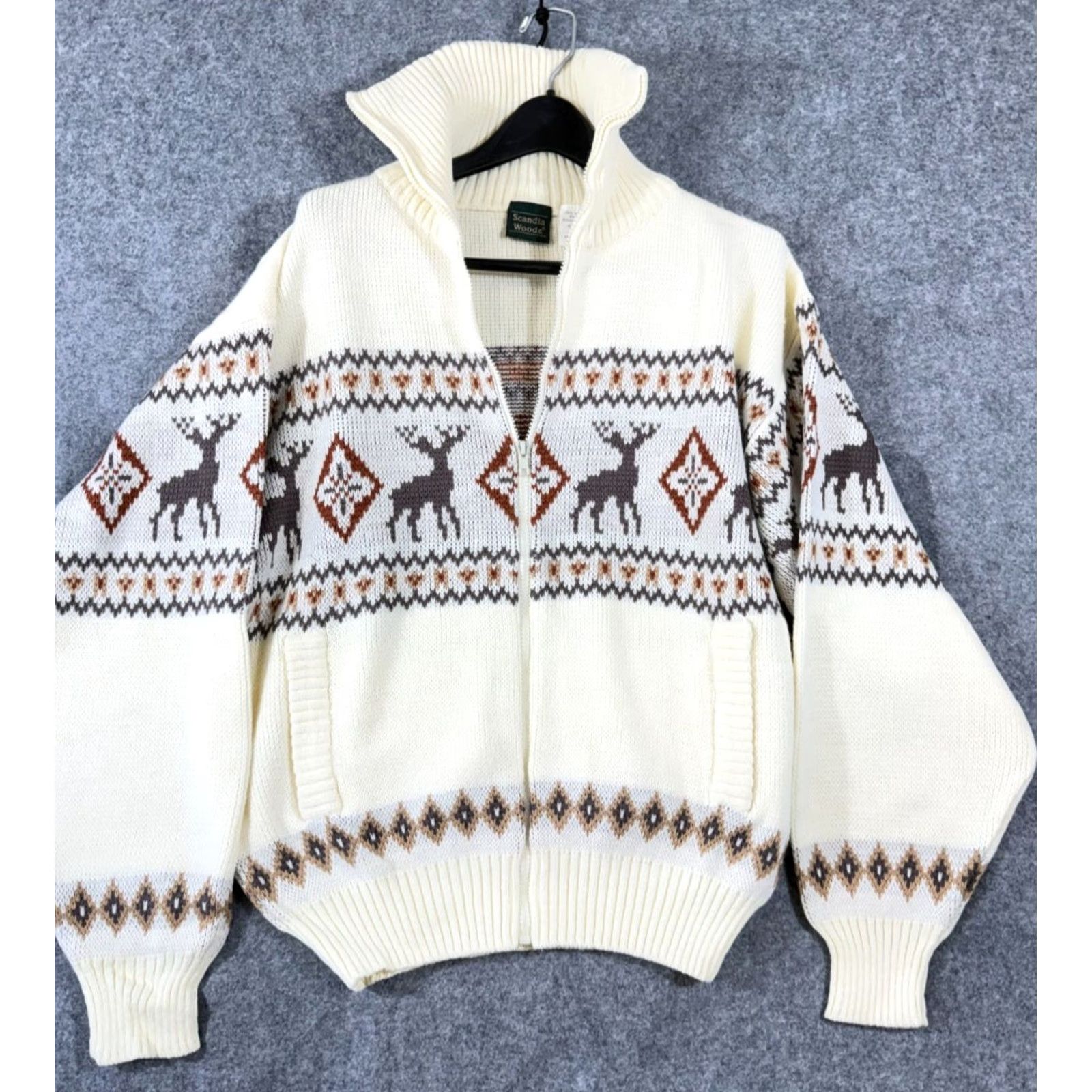 Vintage Scandia Woods Sweater Mens L Ivory Argyle Nordic Deer Mock Neck Full Zip NWOT Size US L / EU 52-54 / 3 - 2 Thumbnail