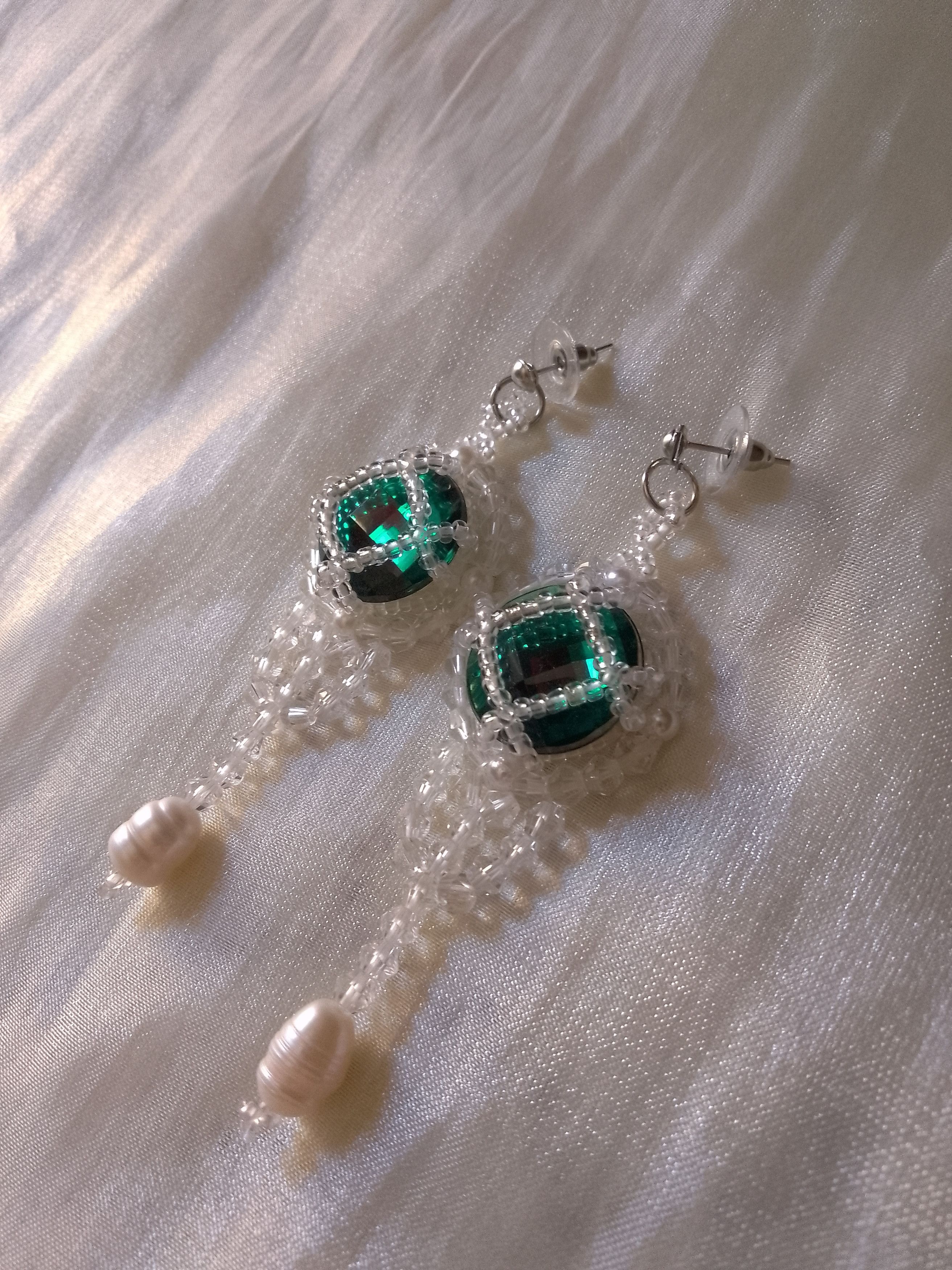 Handmade Chandelier dangle earrings Green zircons freshwater pearls Size ONE SIZE - 3 Thumbnail