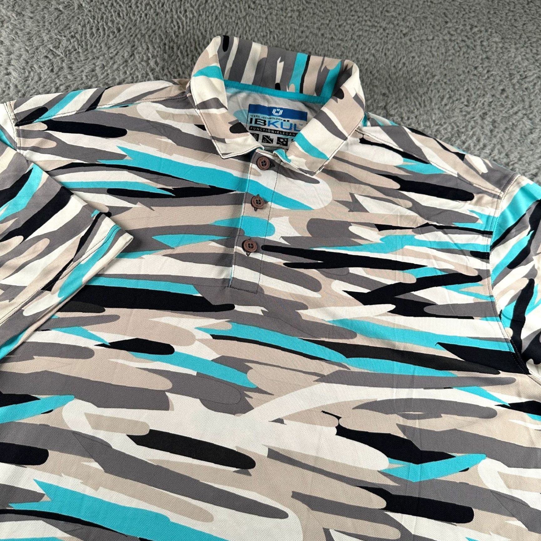 Vintage IBKUL Polo Mens XL Turquoise Gray Camo Performance Golf Shirt UPF 50 Stretch Size US XL / EU 56 / 4 - 2 Thumbnail