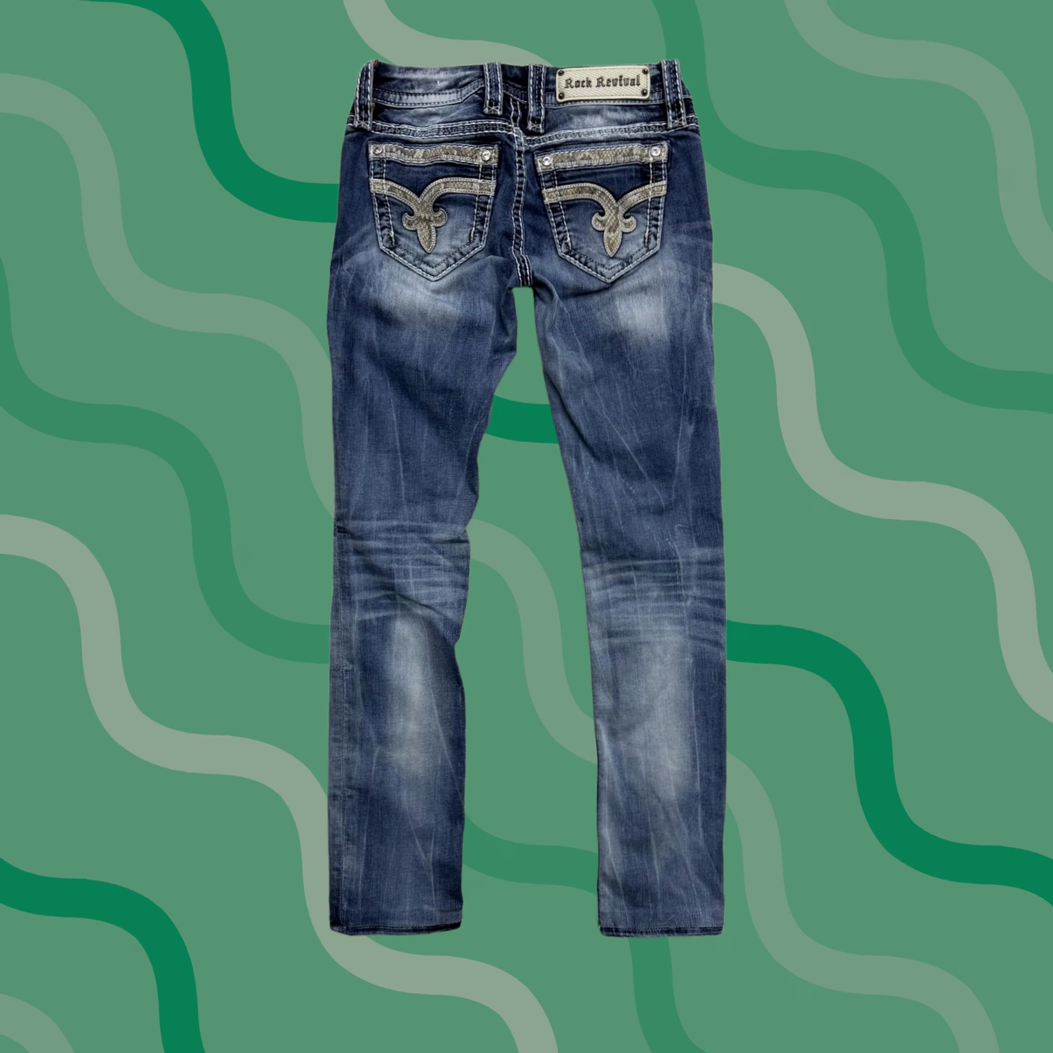 Vintage VINTAGE Rock Revival Nancy Jeans Womens 26x30 Blue Straight Distressed Embellished Denim Size 42" / US 20 - 1 Thumbnail