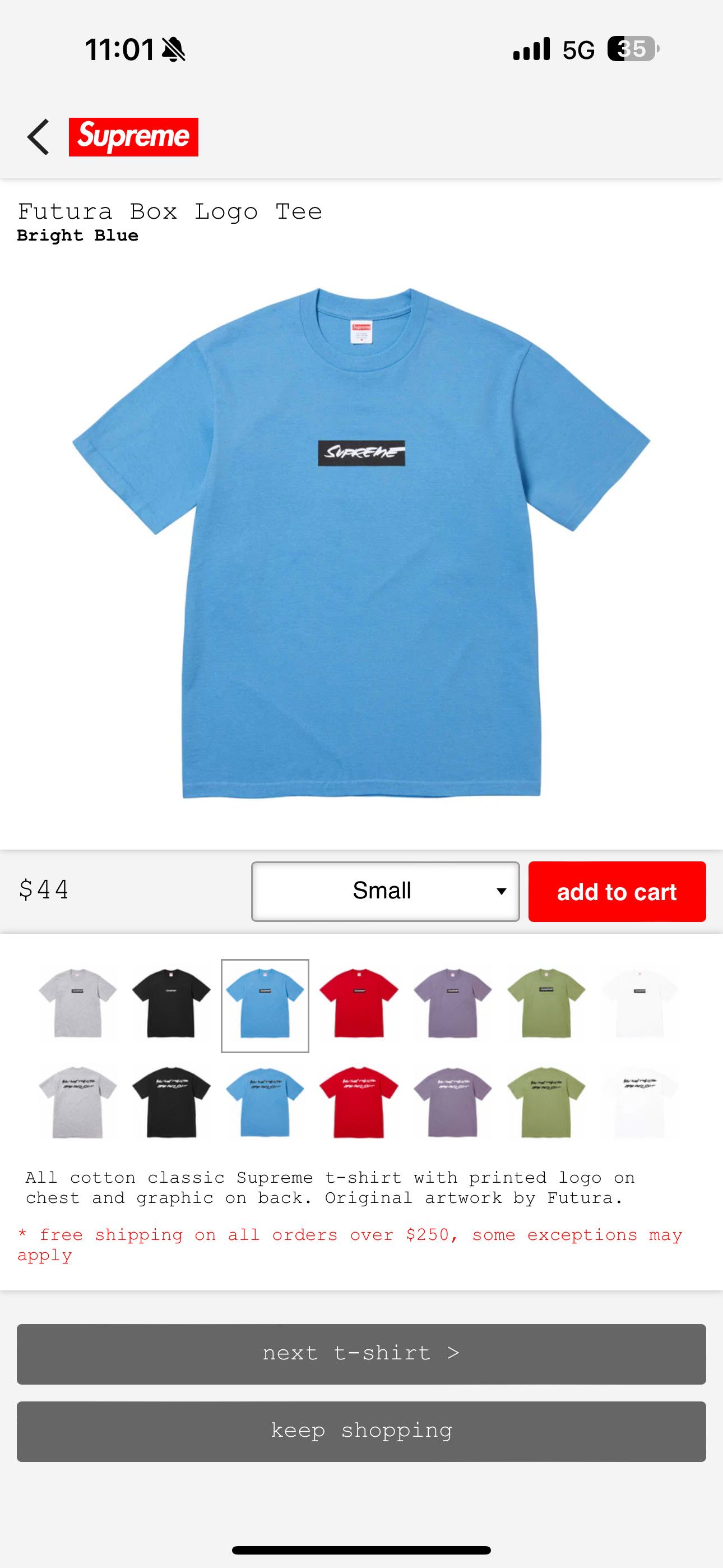 image of Futura Box Logo Tee Shirt (Ss24) in Bright Blue, Men's (Size Large)