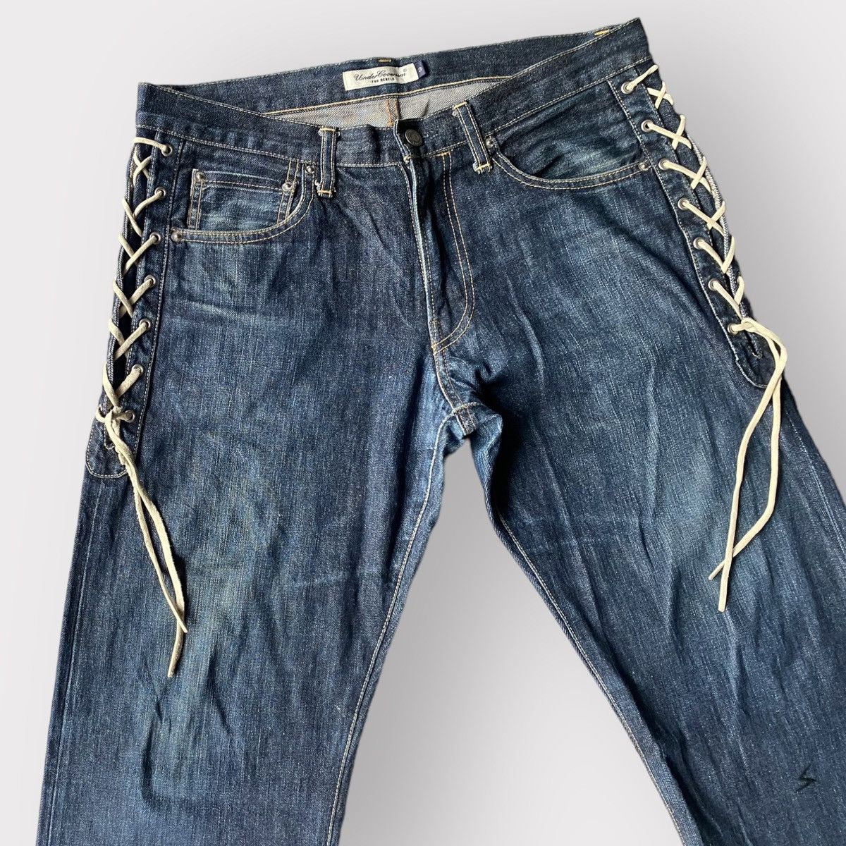 image of Undercover Ss08 Summer Madness Leather Side Lace Jeans in Blue, Men's (Size 33)