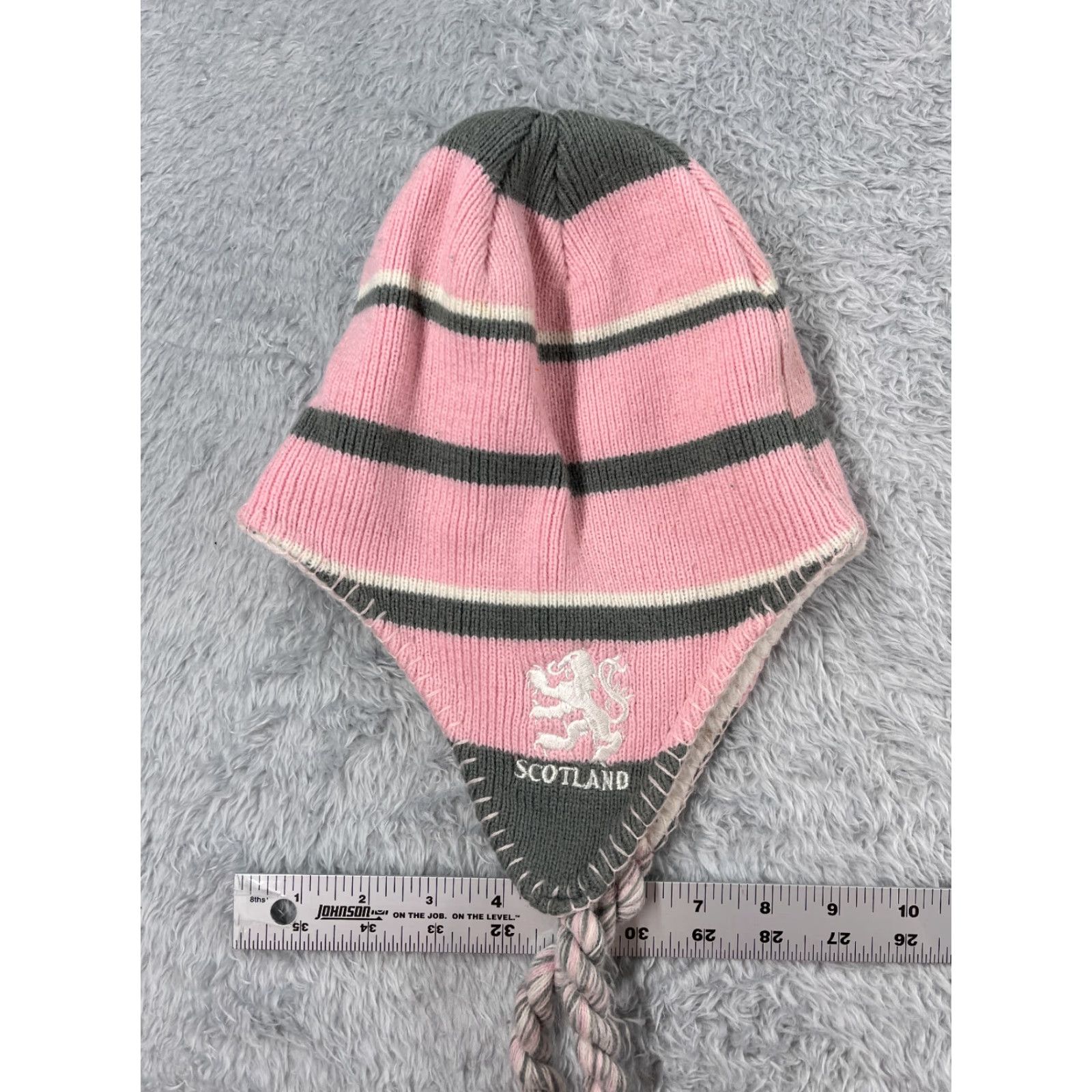 Pinko International Insignia Beanie Womens One Size Pink Gray Striped Knit Acrylic Ear Flaps Scotland Outdoor Ski Size ONE SIZE - 3 Thumbnail