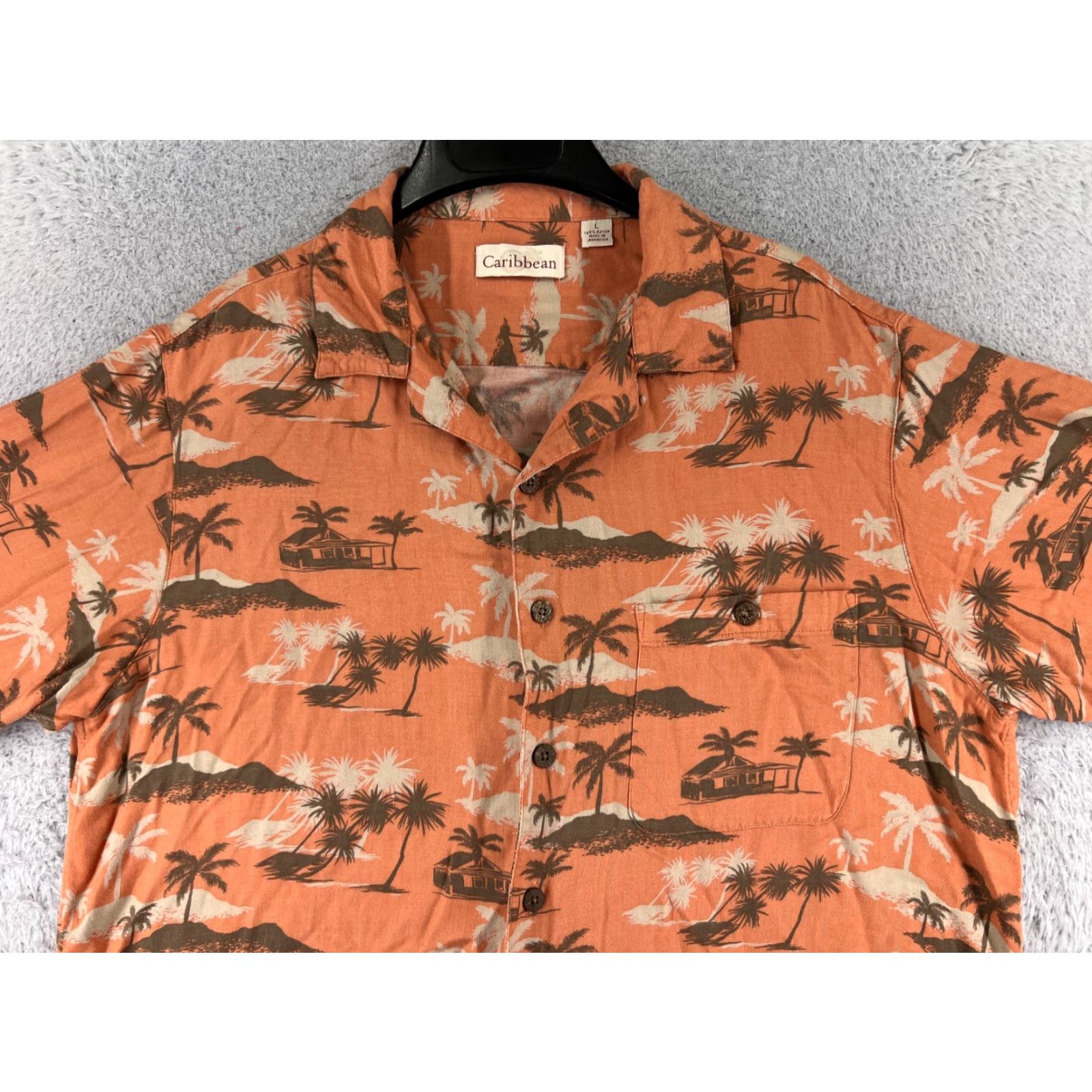 Vintage Caribbean Men Shirt L Orange Hawaiian All Over Print Beach Aloha Resort Shirt (Button-Up) Size US L / EU 52-54 / 3 - 4 Thumbnail