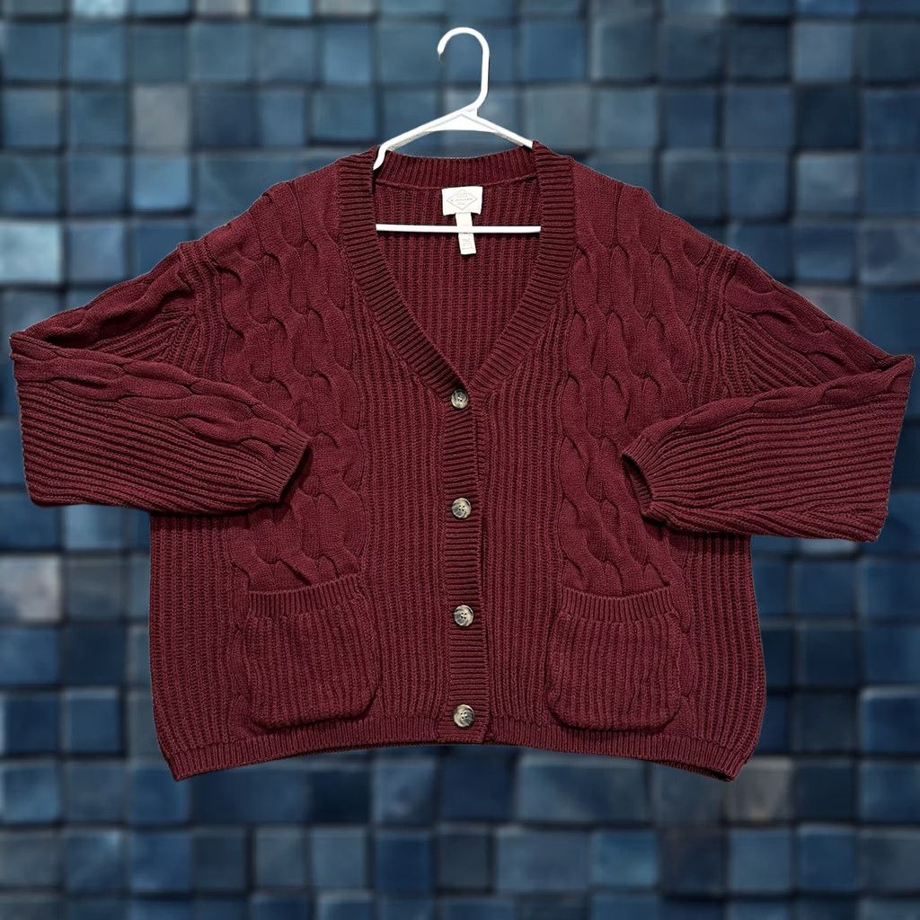 Vintage St Johns Bay Cardigan Sweater Womens XL Burgundy Acrylic Cable Knit Button Front Size XL / US 12-14 / IT 48-50 - 1 Thumbnail