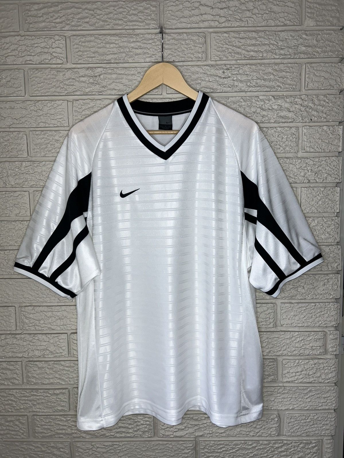 Nike × Vintage Vintage 90s Nike Swoosh Striped Soccer Jersey Size US L / EU 52-54 / 3 - 1 Thumbnail