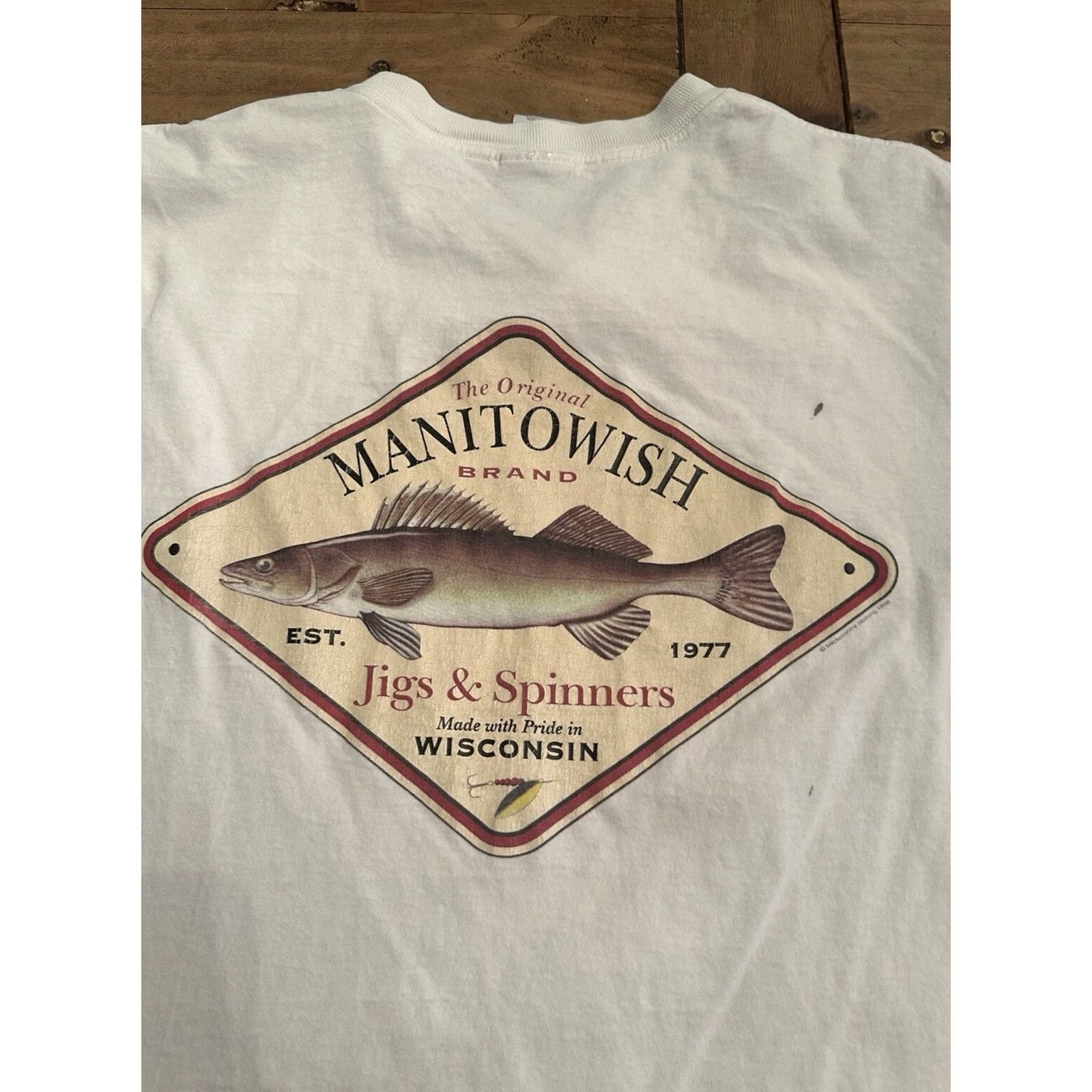 Vintage Manitowish Brand Jigs And Spinners Fishing T-Shirt White Large Distressed Mens L White Distressed Fish Shirt Size US L / EU 52-54 / 3 - 5 Thumbnail