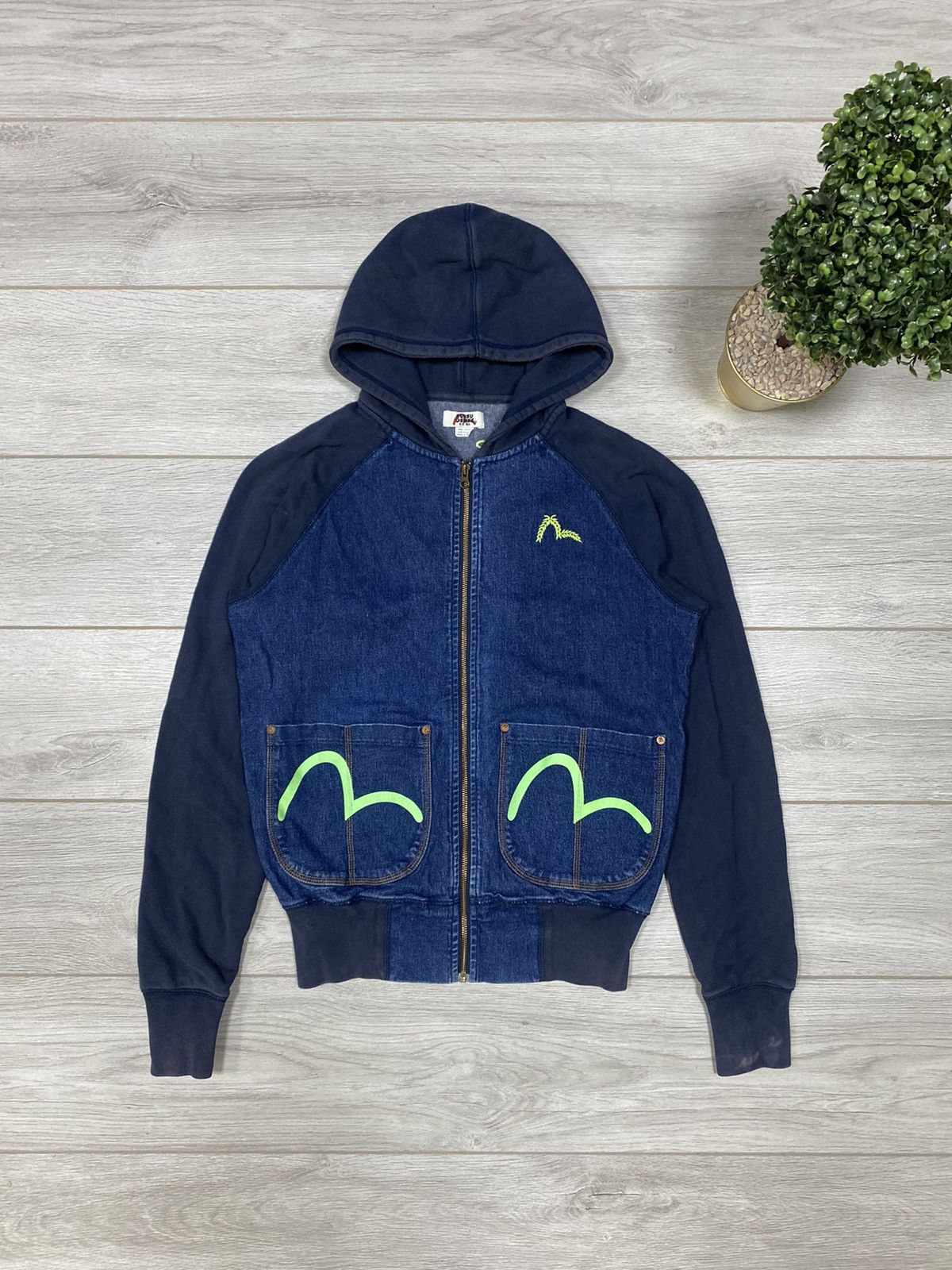 image of Evisu Vintage Denim Big Seagull Hoodie in Navy, Men's (Size Medium)