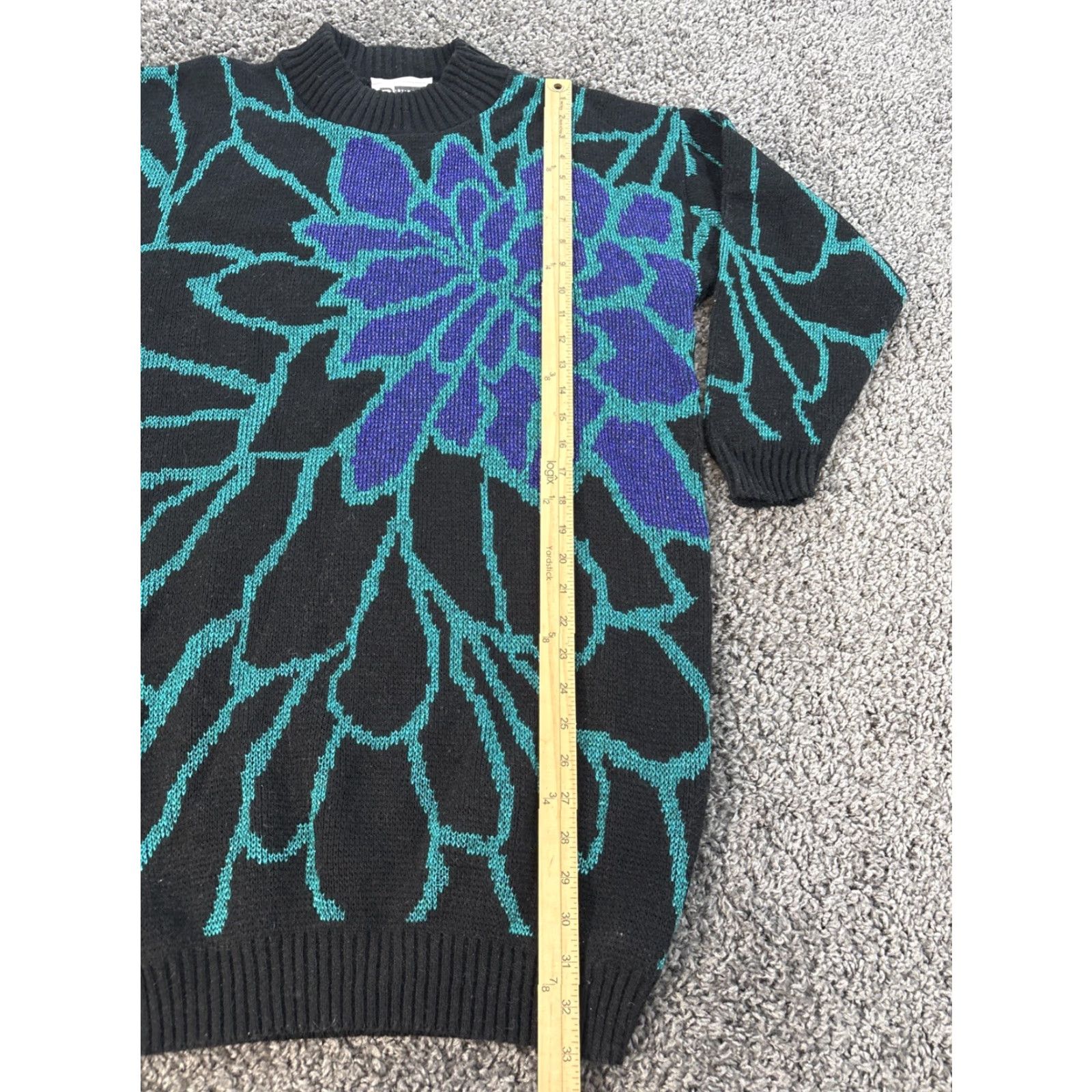 Vintage VINTAGE Distinctly Different Sweater Womens 20W Crew Neck Cable-Knit Floral Black 80s Pullover Plus Starburst Sparkle Size 3XL / US 20-22 - 2 Thumbnail