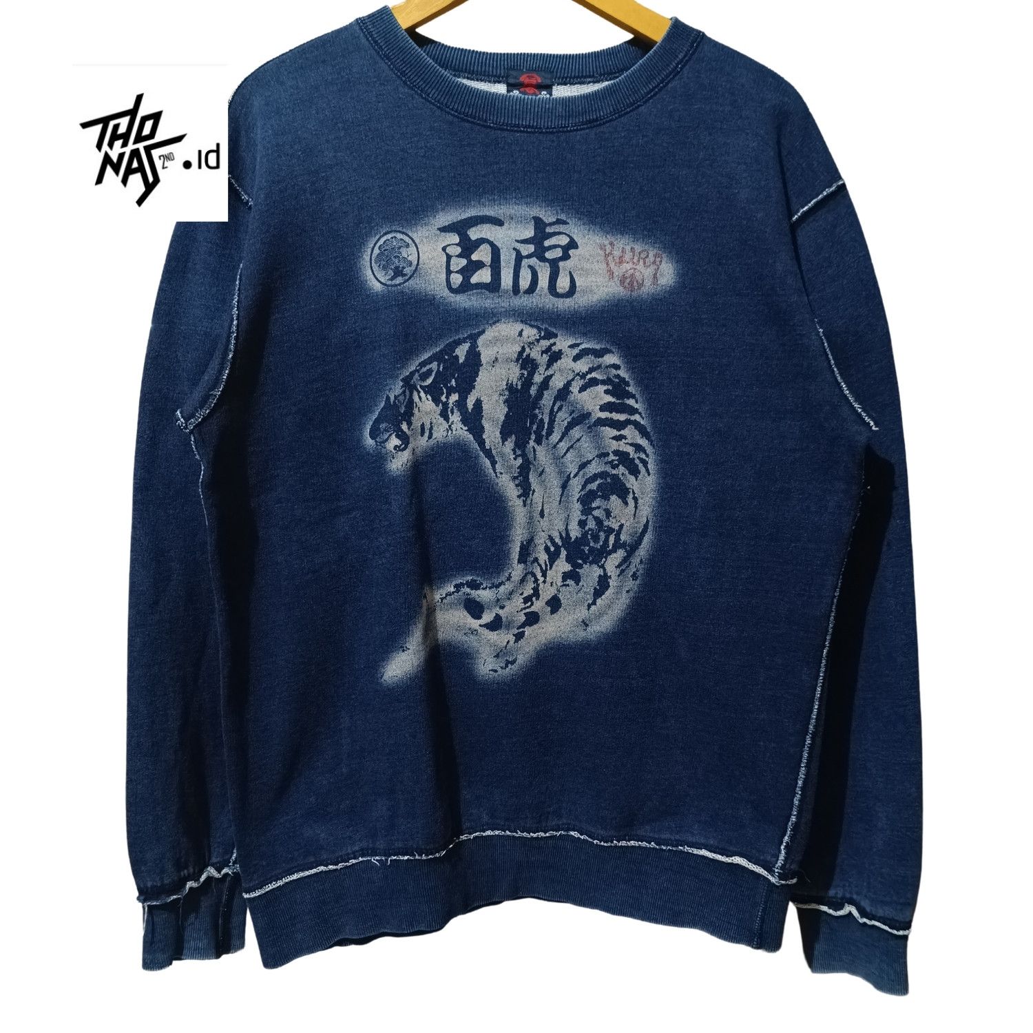 image of Eternal Japan Tiger Indigo Denim Sweatshirt in Dark Blue, Men's (Size Medium)