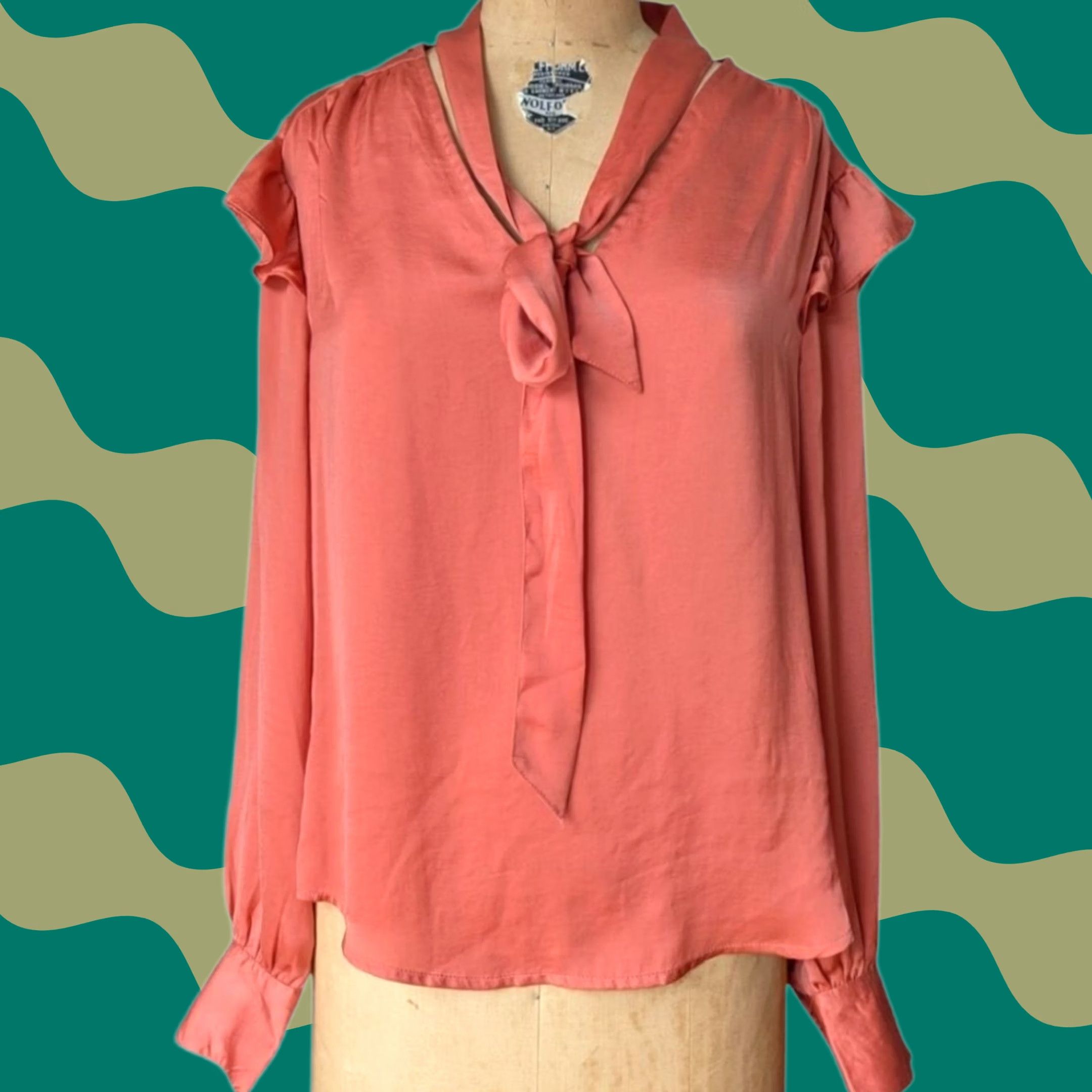 Vintage Bleuh Ciel Terracotta Satin Blouse Long Sleeve Tie Neck Ruffle Bow Button V-Neck Women L Pink Satin Blouse Casual Office Size L / US 10 / IT 46 - 1 Thumbnail