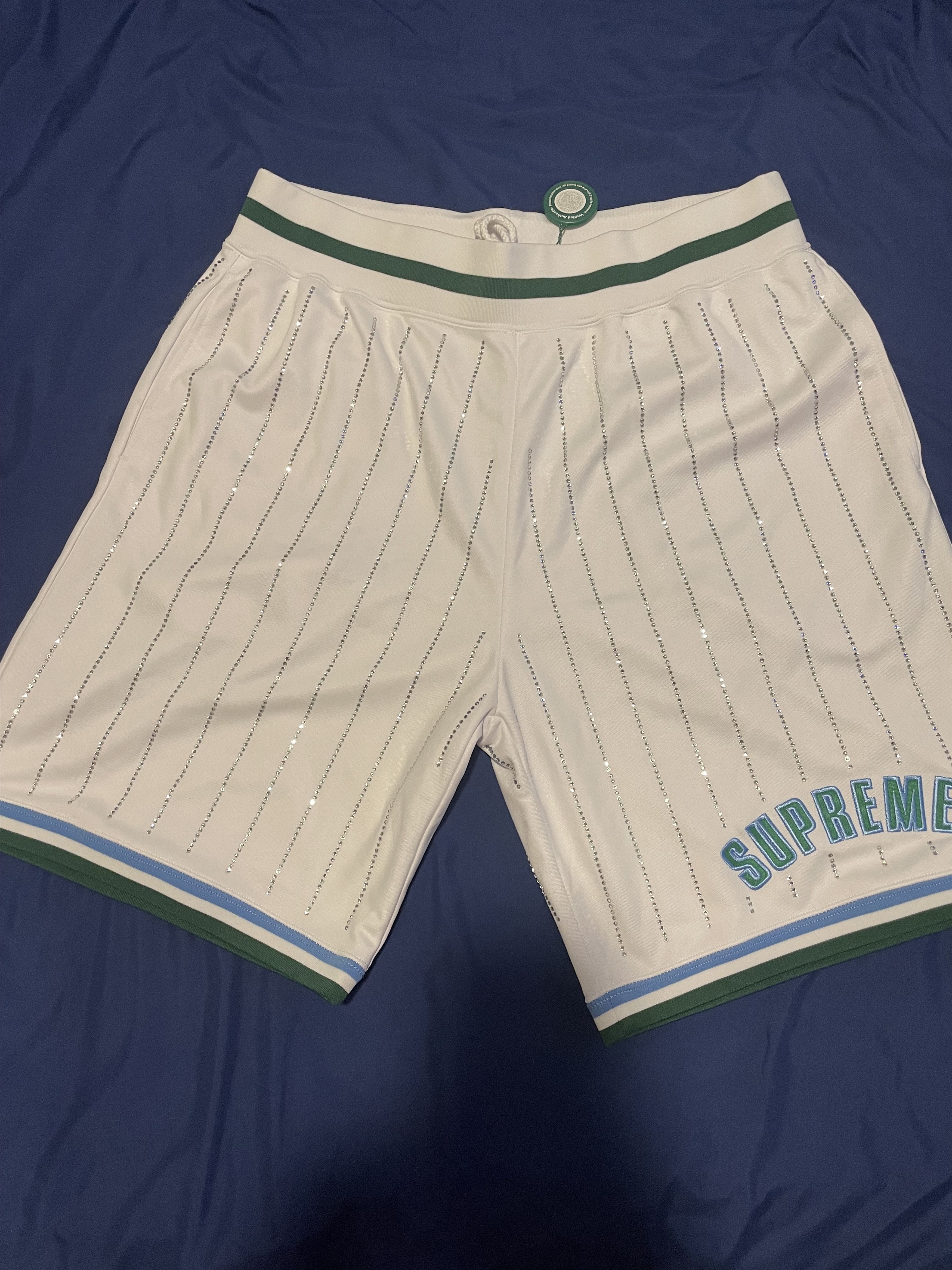 image of Supreme Suprem Rhinestone Shorts in White/Blue/Green, Men's (Size 30)