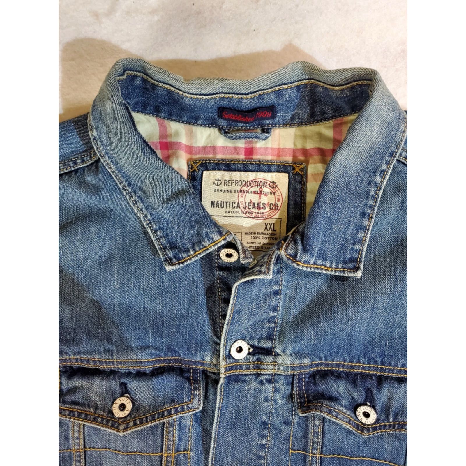 Nautica VINTAGE Nautica Denim Trucker Jacket Plaid Flannel Lined Mens 2XL Distressed Jacket Size US XXL / EU 58 / 5 - 3 Thumbnail