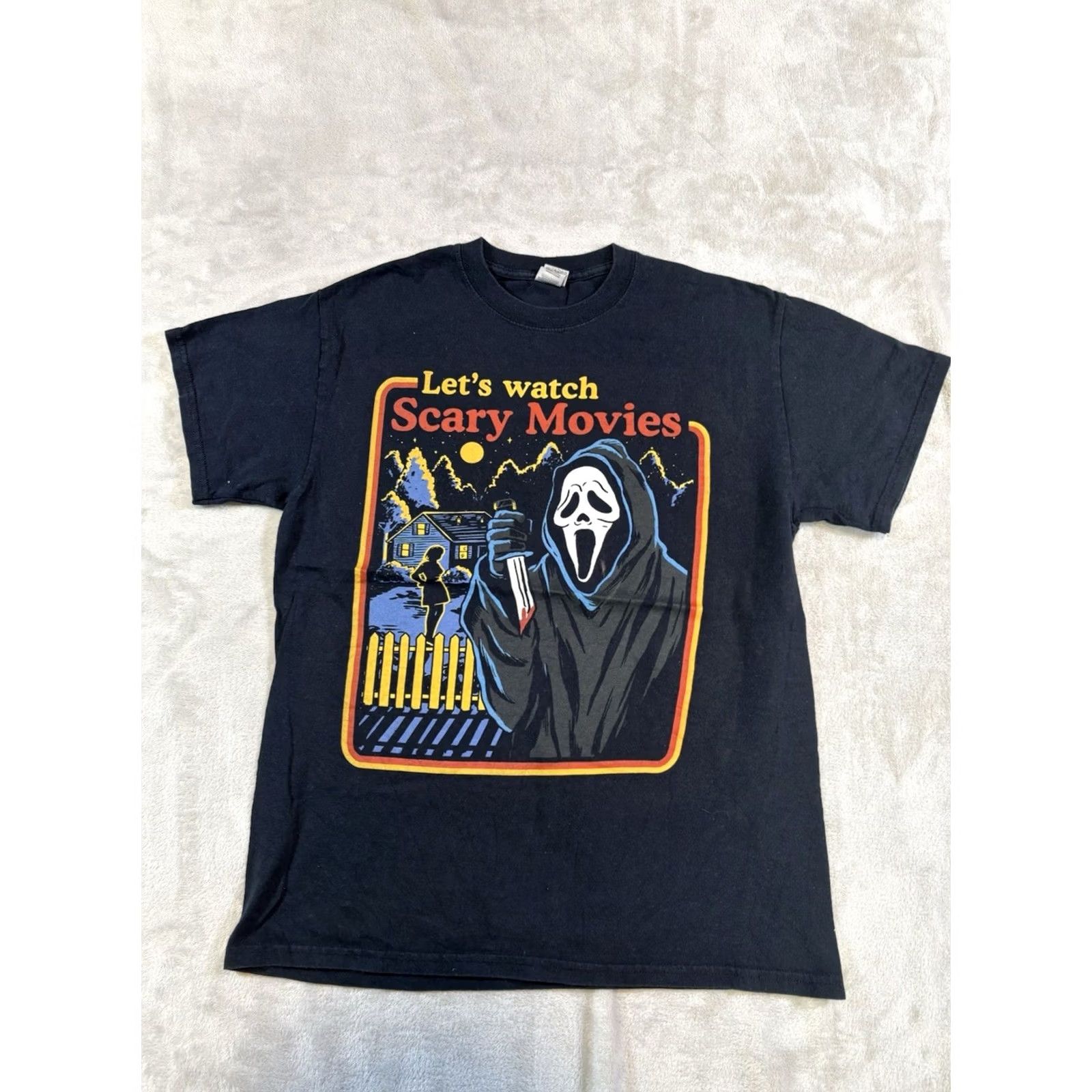 Gildan Scream Ghostface "Let's Watch Scary Movies" Graphic Tee | Size M | Black | Cotton & Polyester | Gildan 5000 | Horror | Short Sleeve | Crew Neck | Men Size US M / EU 48-50 / 2 - 2 Thumbnail