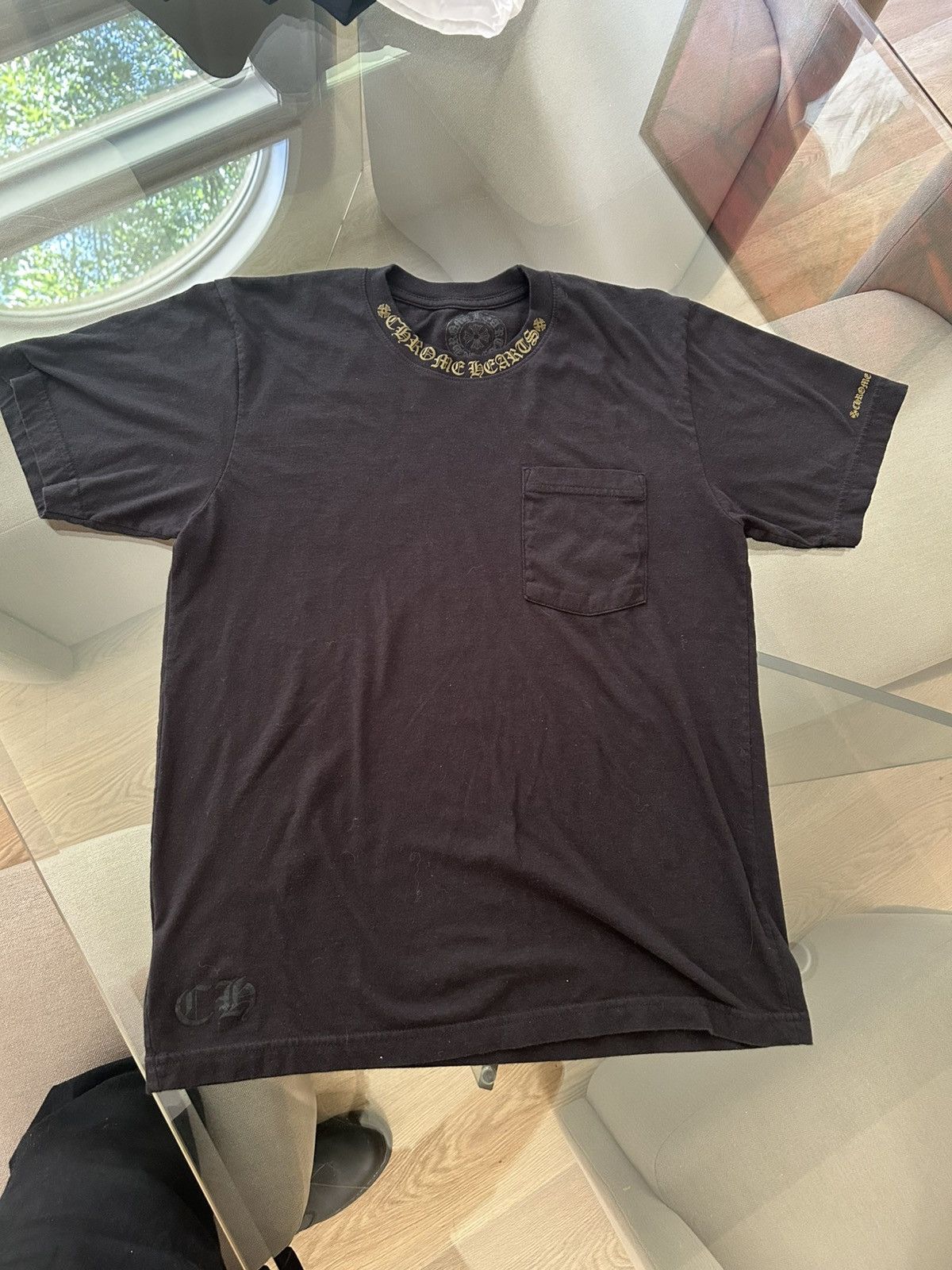 Chrome Hearts tee with olive green lettering