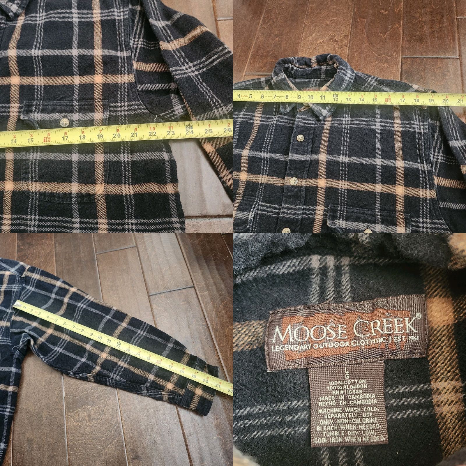 Vintage Moose Creek Flannel Shirt Mens Large Black Tan Plaid Button-Up Long Sleeve Collared Casual Workwear Travel Winter Fall Spring Regular Cotton Size US L / EU 52-54 / 3 - 9 Thumbnail