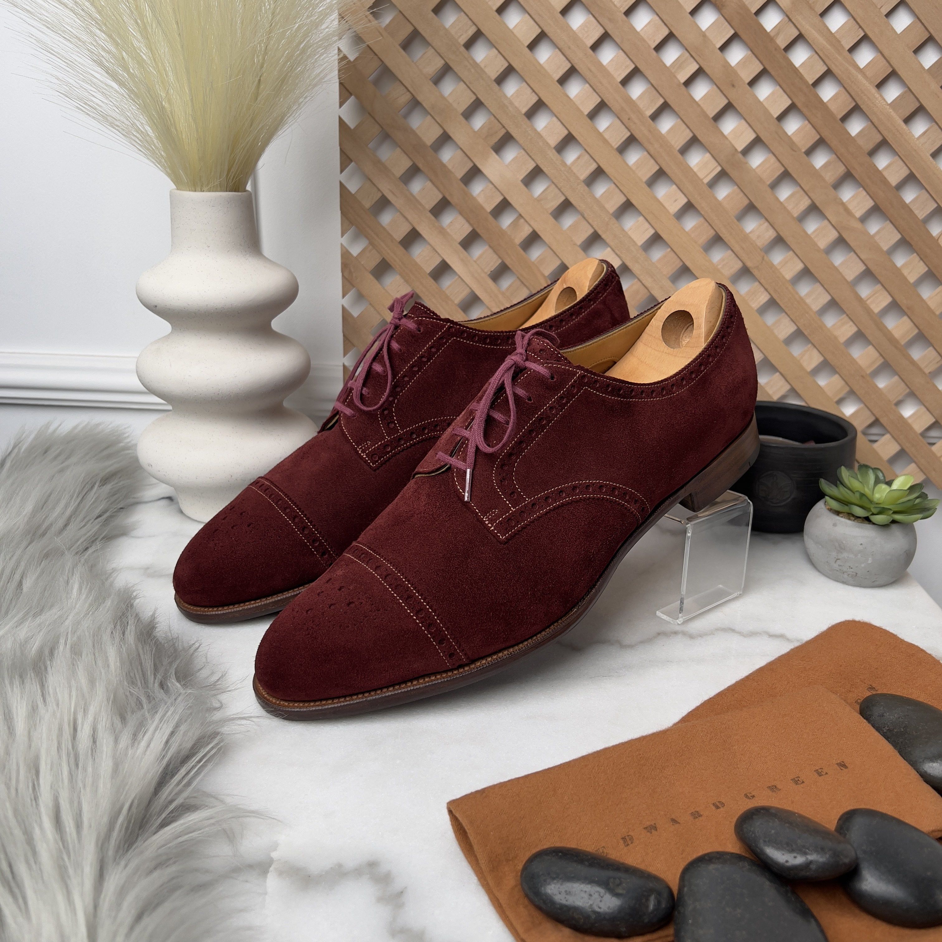 Edward Green Cardiff Cap Toe Oxfords Brogue Burgundy Suede Size US 12 / EU 45 - 2 Thumbnail