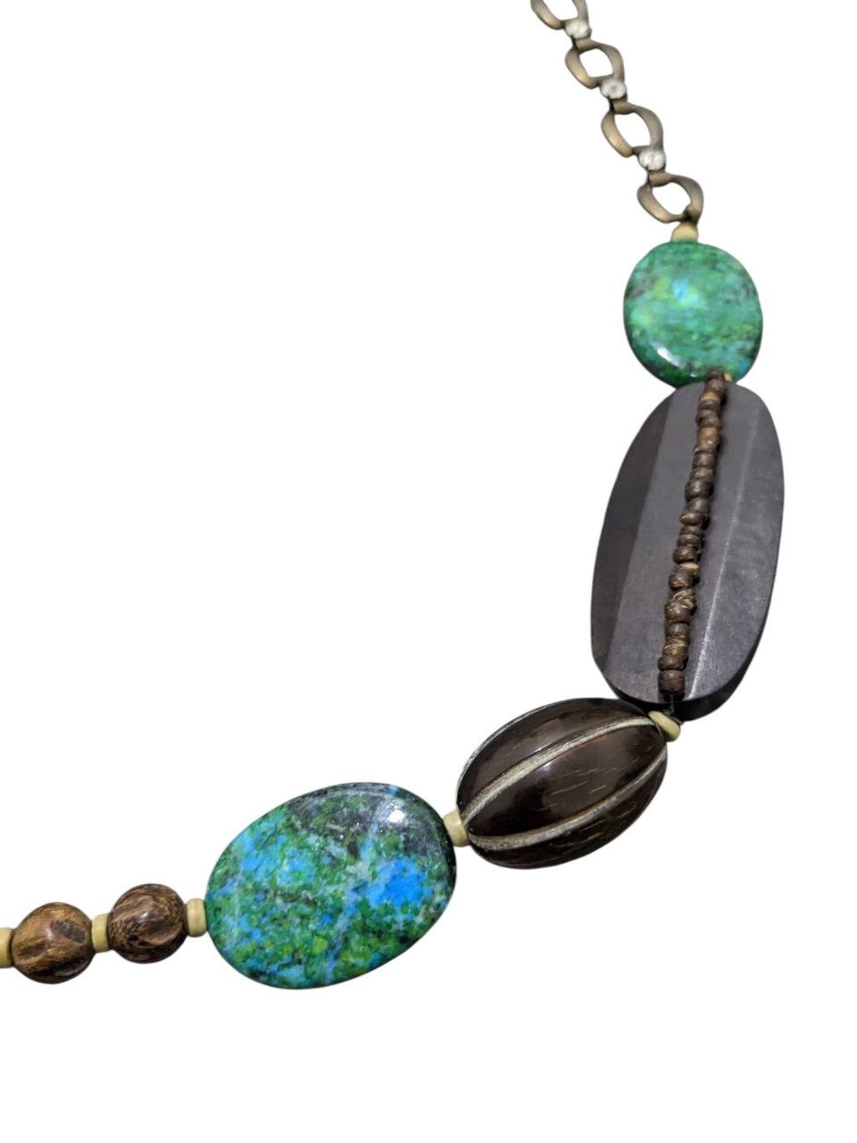 Native BEADED NECKLACE WITH GREEN TURQUOISE & DARK BROWN OVAL BEADS Size ONE SIZE - 3 Thumbnail