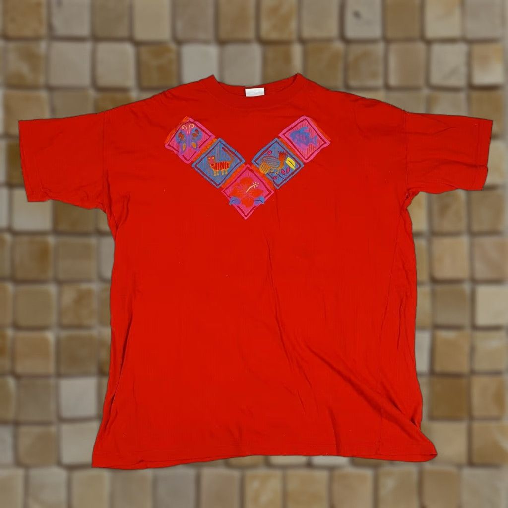 Vintage VTG 90s Tropical Island Art Men's 2XL Red T Shirt Surf Fish Beach Summer Simply Basic Crew Neck Short Sleeve Vintage Size US XXL / EU 58 / 5 - 1 Thumbnail