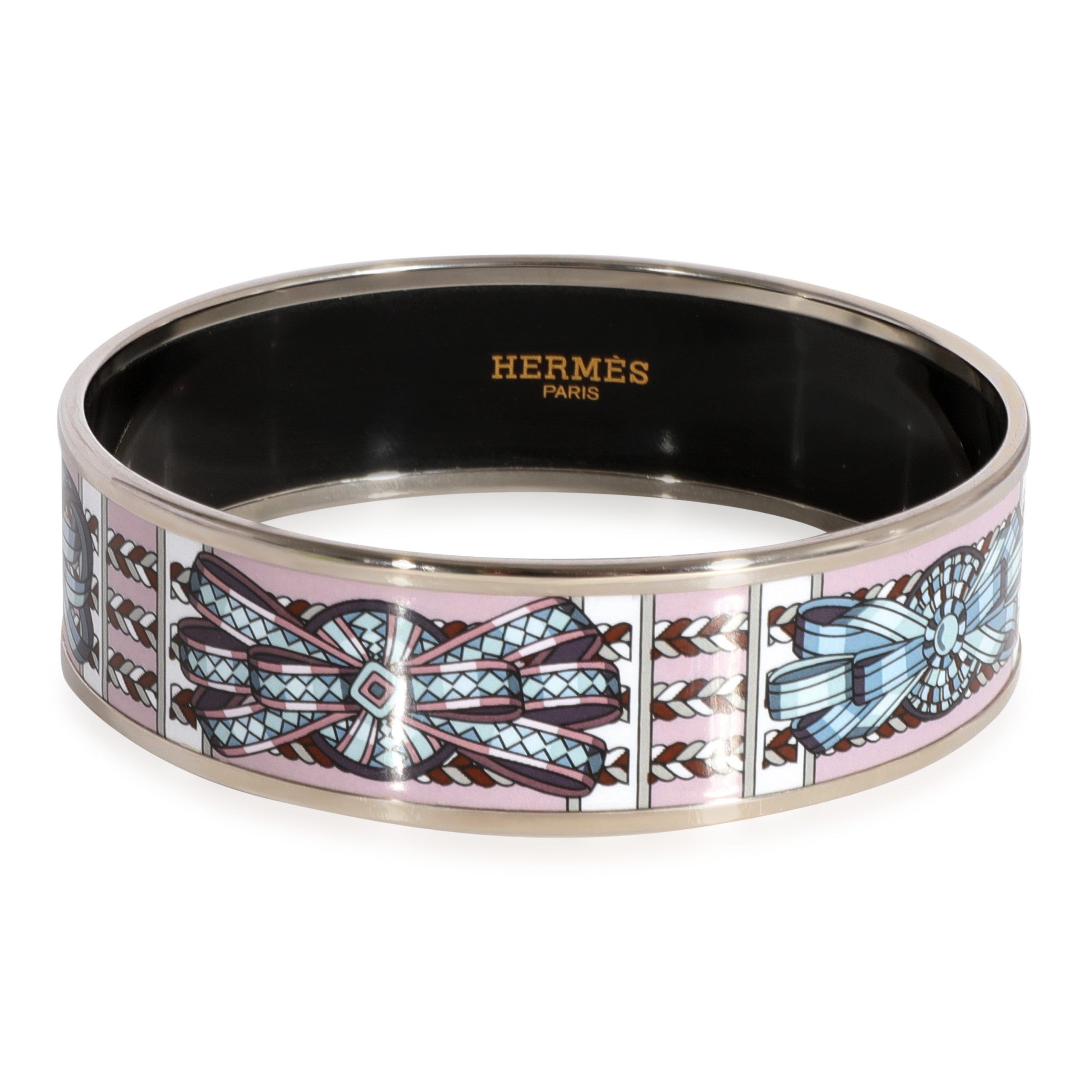 image of Hermes Plated Wide Enamel Rubans De Cheval Bracelet in Silver, Women's