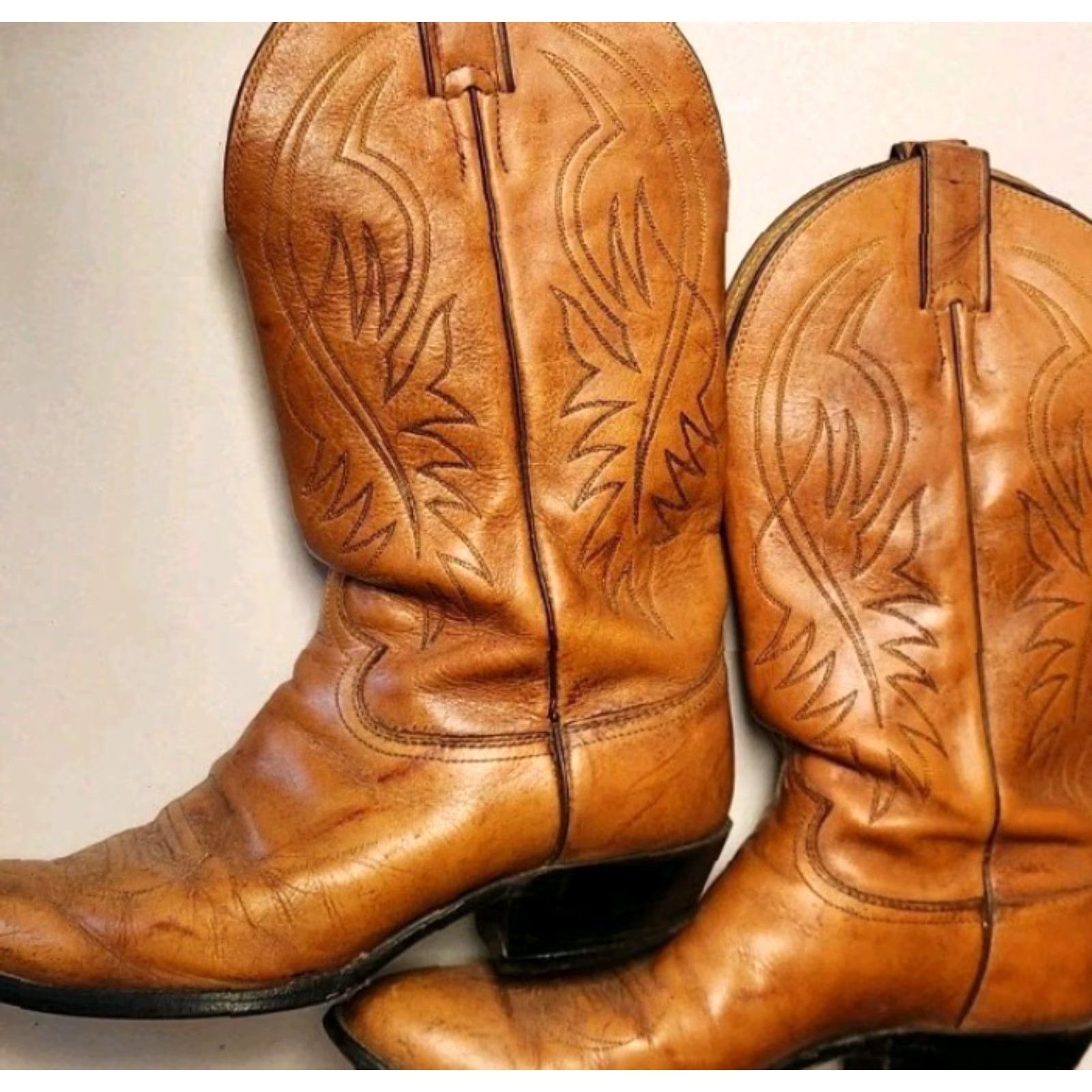 Justin Boots VINTAGE Justin Boots Cowboy Boots Mens 8 D Natural Tan Marbled Leather Western #1632 Size US 8 / EU 41 - 7 Thumbnail