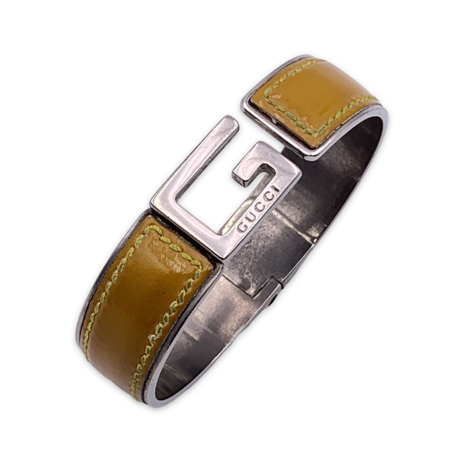 image of Gucci Silver Metal Yellow Patent Leather G Logo Bangle Bracelet in Black, Women's