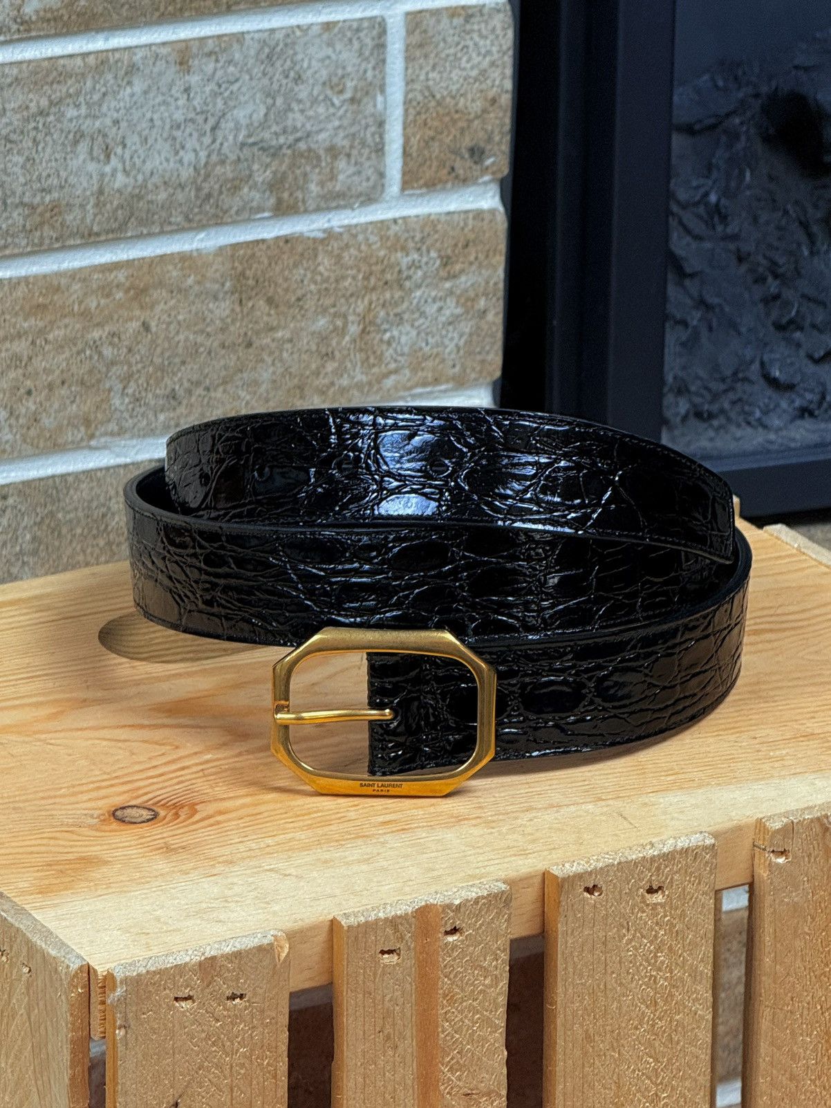 Saint Laurent Paris Saint Laurent Frame Thin Belt Crocodile Embossed Belt Size ONE SIZE - 1 Thumbnail