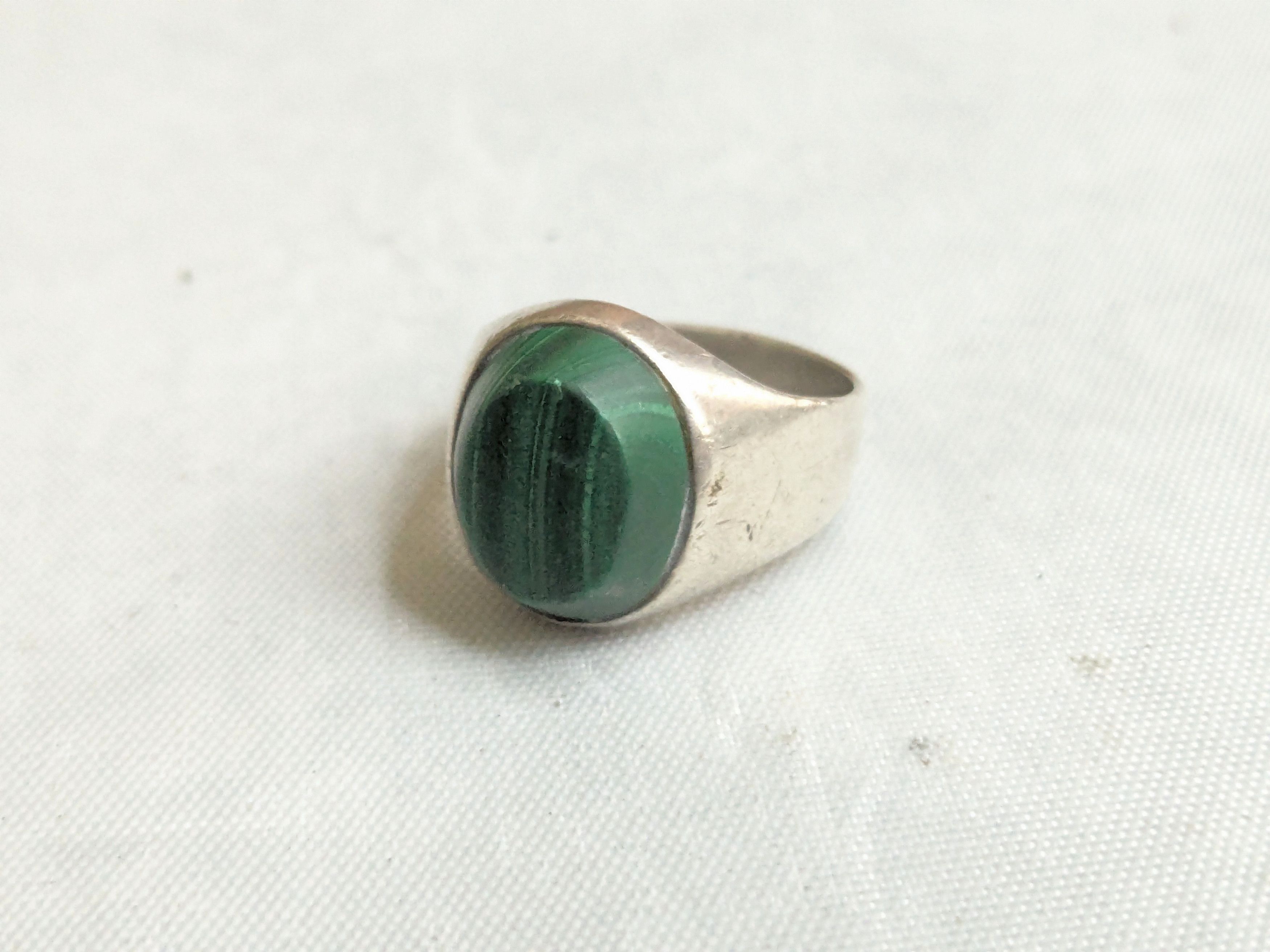 Jewelry Vintage Sterling Silver Ring Malachite Taxco 10 Oval Size ONE SIZE - 2 Thumbnail