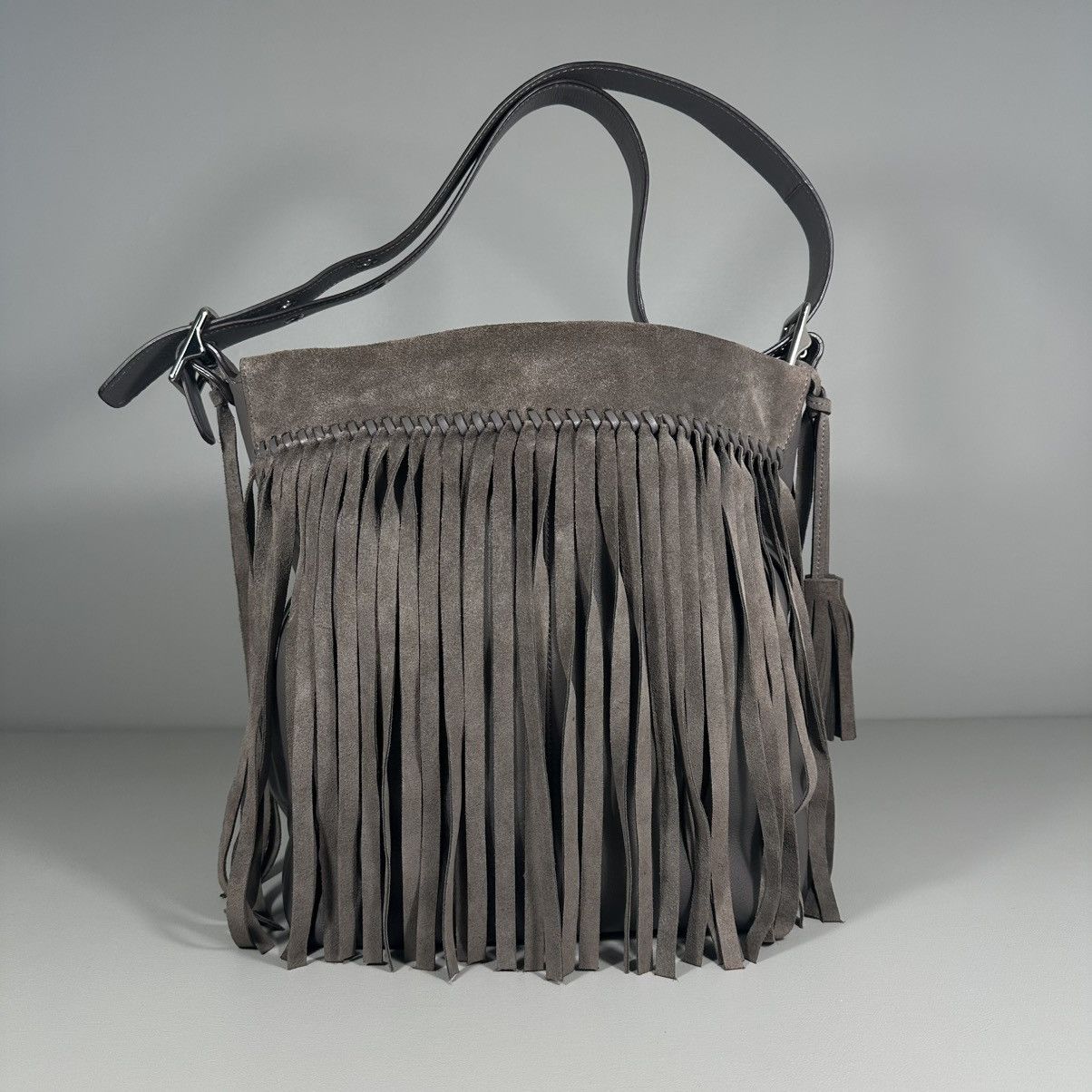 Coach COACH Fringe Trimmed Brownish Grey Leather Bucket Bag Size ONE SIZE - 2 Thumbnail