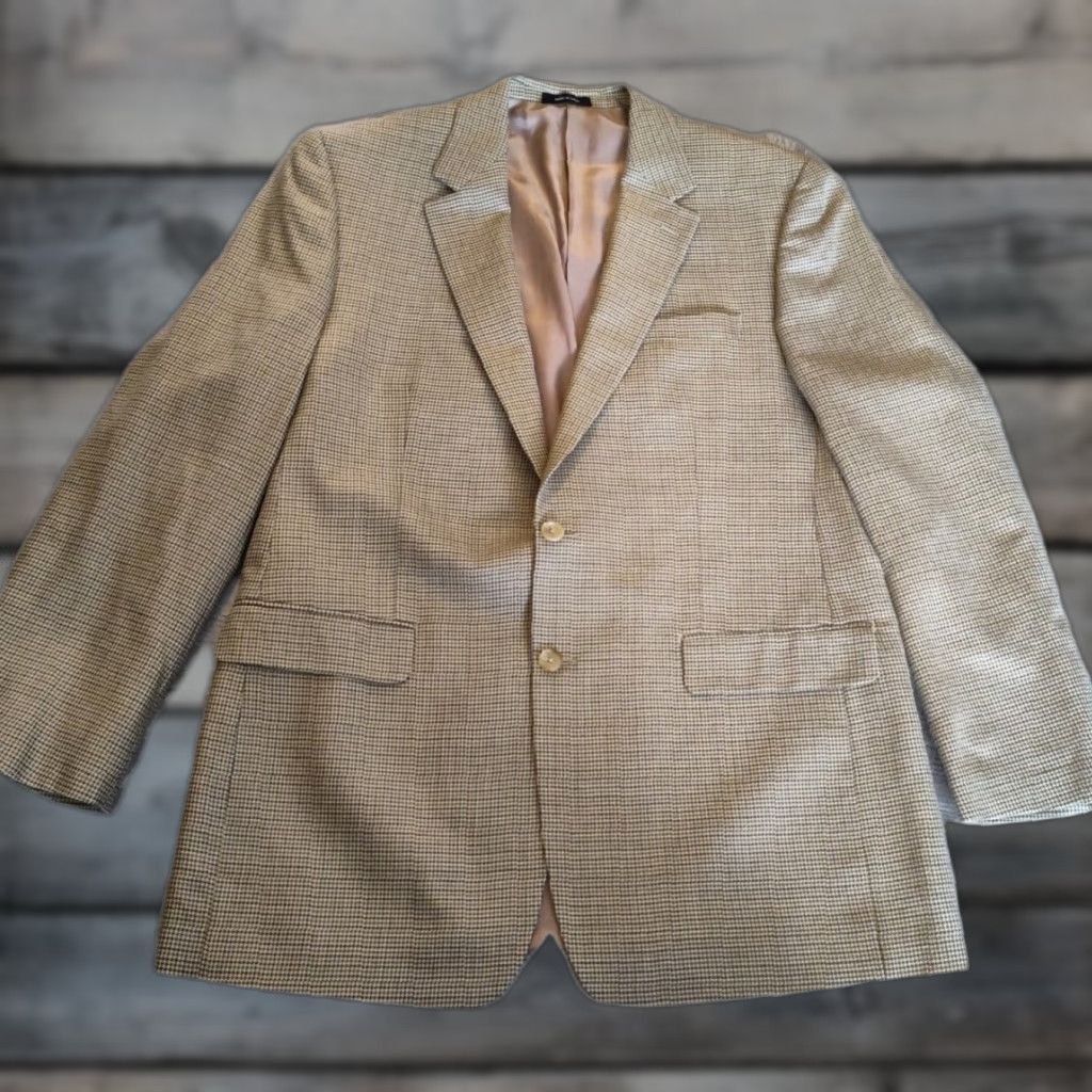 Stafford Lauren Ralph Lauren Suit Jacket Houndstooth Mens 43L Blazer Silk Wool Tweed Notch Lapel Single-Breasted Two-Button Long Modern Dress Size 46R - 1 Thumbnail