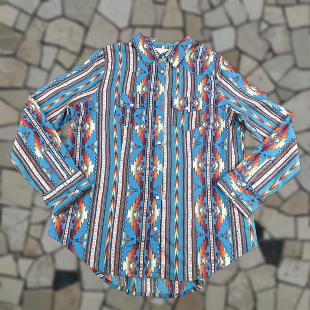 Vintage VINTAGE Cotton & Rye Women's Shirt Casual Long Sleeve Collared Button-Up Aztec Western Southwest Blue Medium Size M / US 6-8 / IT 42-44 - 1 Thumbnail