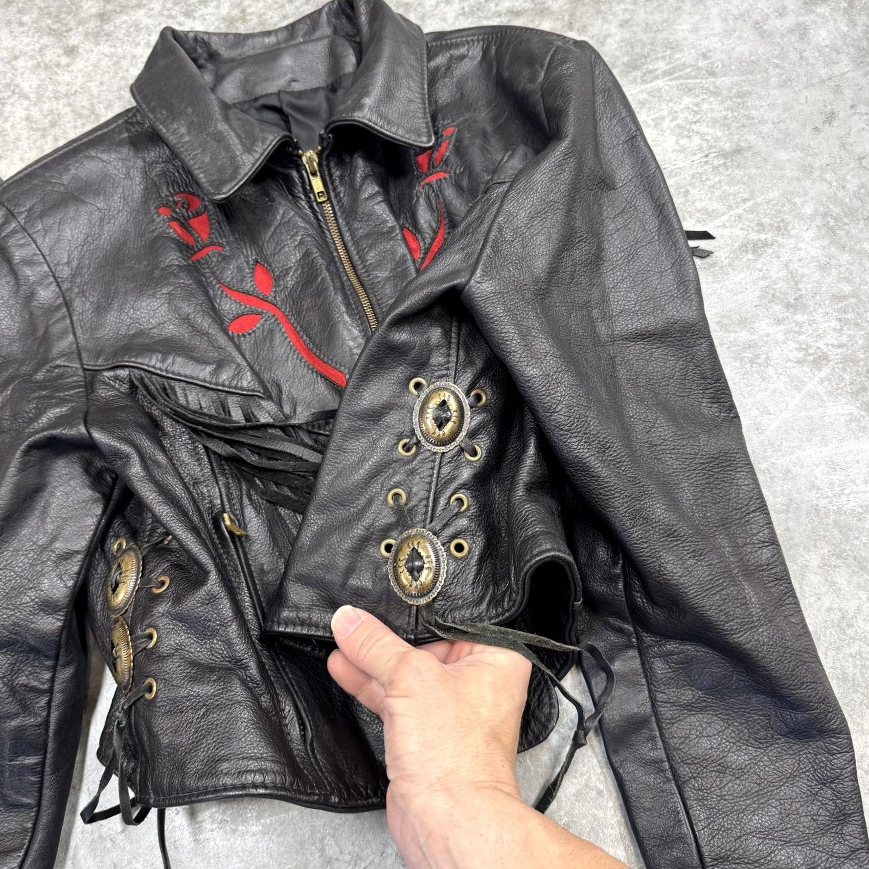 Vintage Protech Leather Jacket Girls S Black Fringe Embroidered Rose Made USA Western Motorcycle Jacket Size S / US 4 / IT 40 - 4 Thumbnail