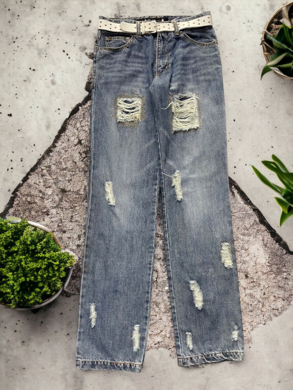 image of No Future Japan Distressed Denim With Belt in Blue, Men's (Size 29)