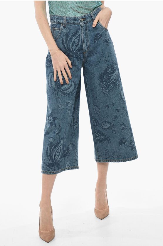 image of Etro Jacquard Denim Wide Leg Gaucho Jeans in Blue, Women's (Size 30)