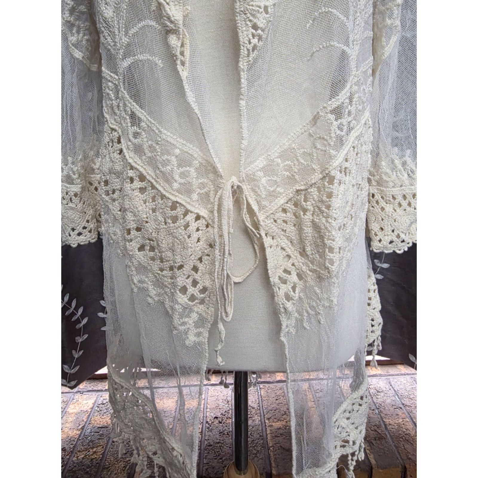 Vintage Everleigh Sheer Lace Kimono Duster Tie Front Ivory Women's Large Boho Hippie Size L / US 10 / IT 46 - 6 Thumbnail