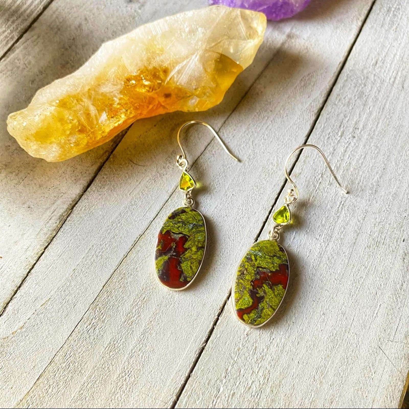 The Unbranded Brand Dragon Blood & Peridot Solid Sterling silver Earrings Size ONE SIZE - 1 Thumbnail