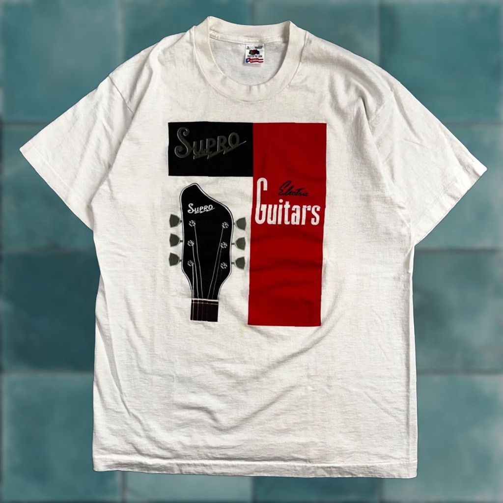 Fruit Of The Loom VINTAGE Supro Guitars T Shirt FOTL 90s Single Stitch Music Band Gibson Martin 1990s Mens L White Shirt Size US L / EU 52-54 / 3 - 1 Thumbnail