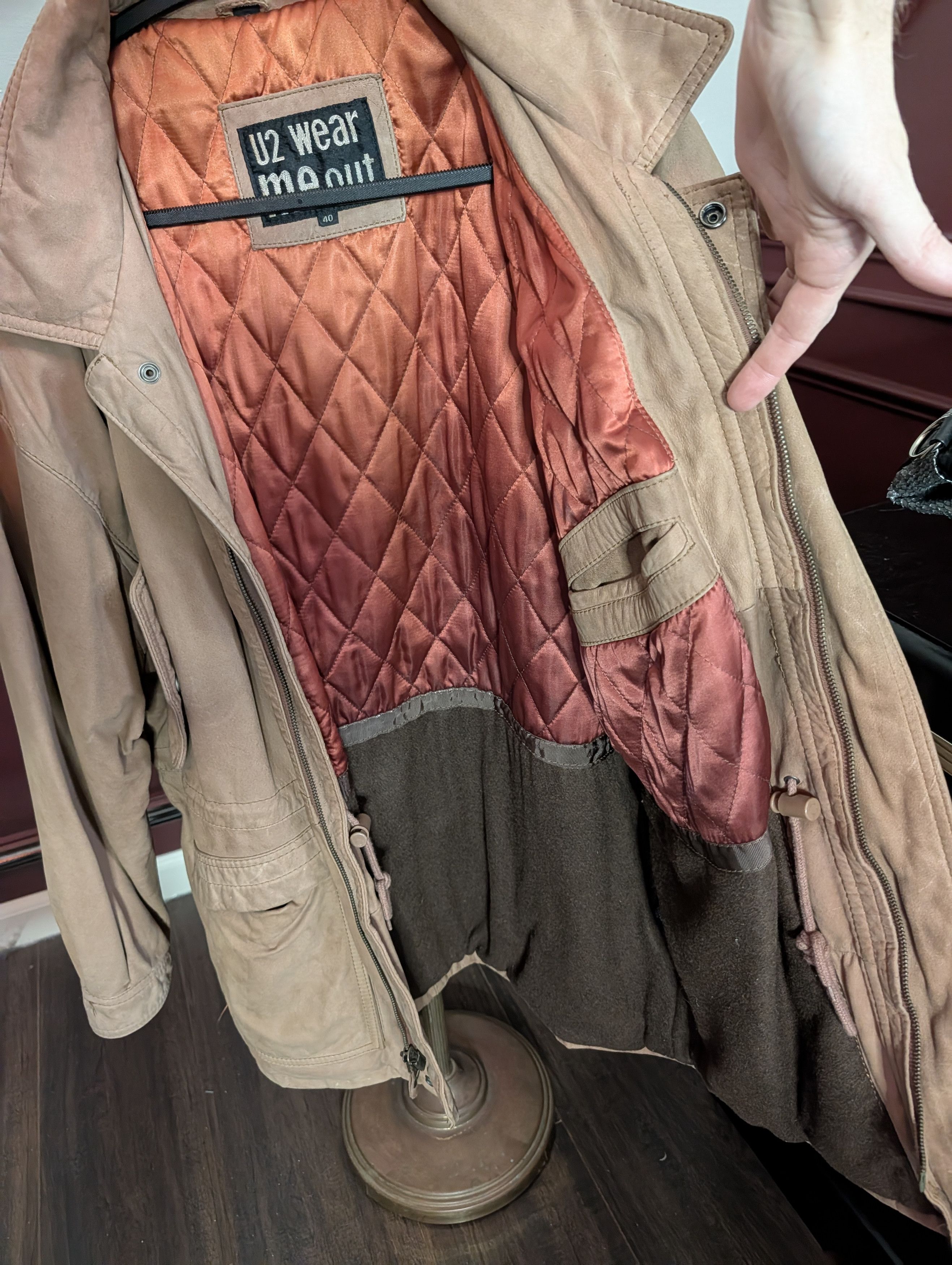 Vintage U2 Wear Me Out brown wool lined zip-up leather moto jacket Size US L / EU 52-54 / 3 - 11 Thumbnail