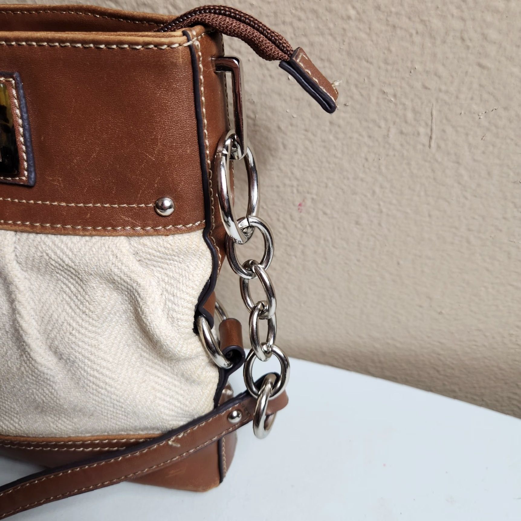 Chaps Chaps Crossbody Bag Womens Cream Canvas Herringbone/Brown Faux Leather Travel Casual Small Beige Beige Silver Crossbody Strap Size ONE SIZE - 2 Thumbnail