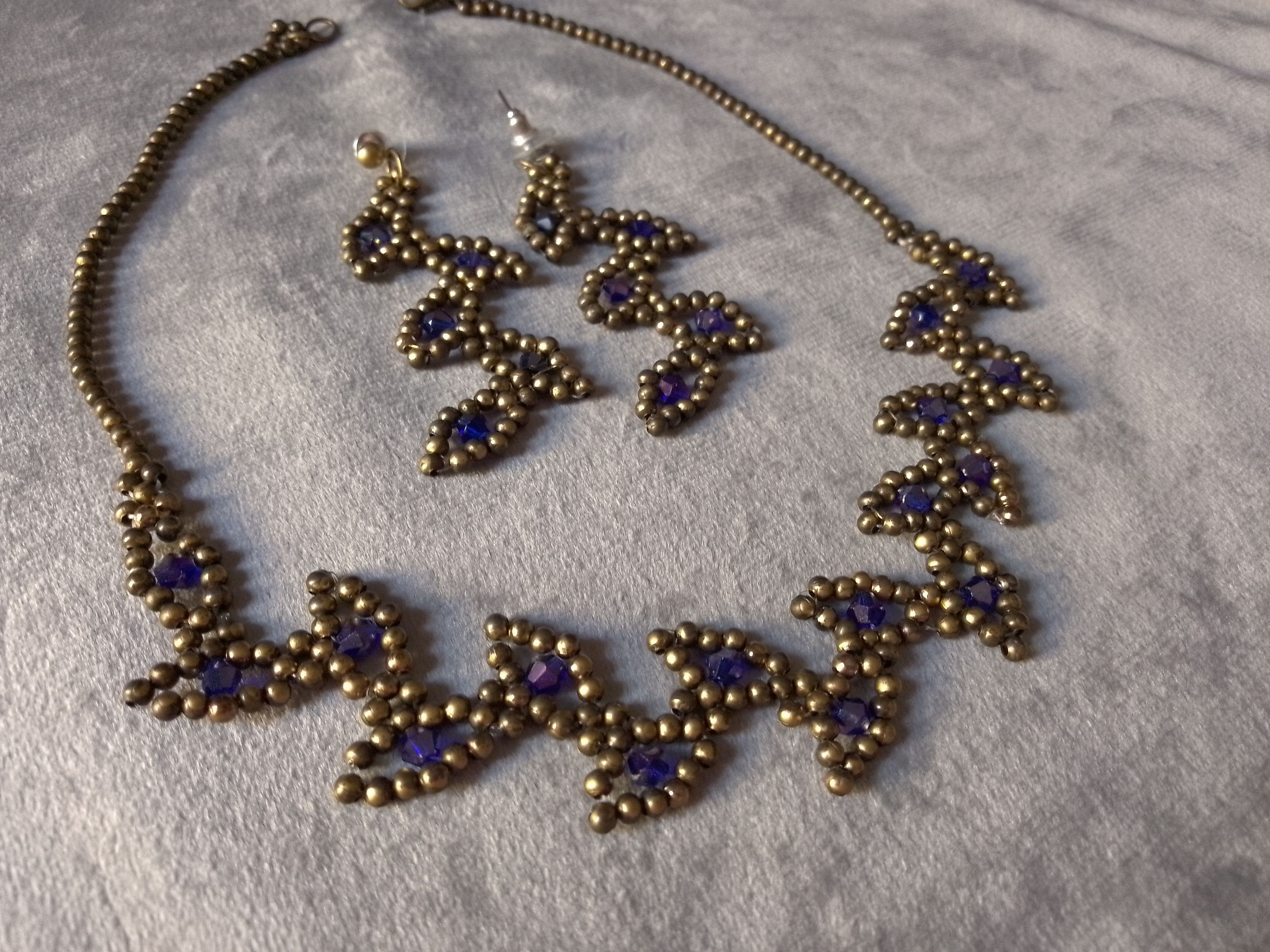 Handmade Necklace Vintage Earrings Leafy Brass Blue Crystal Size ONE SIZE - 12 Thumbnail