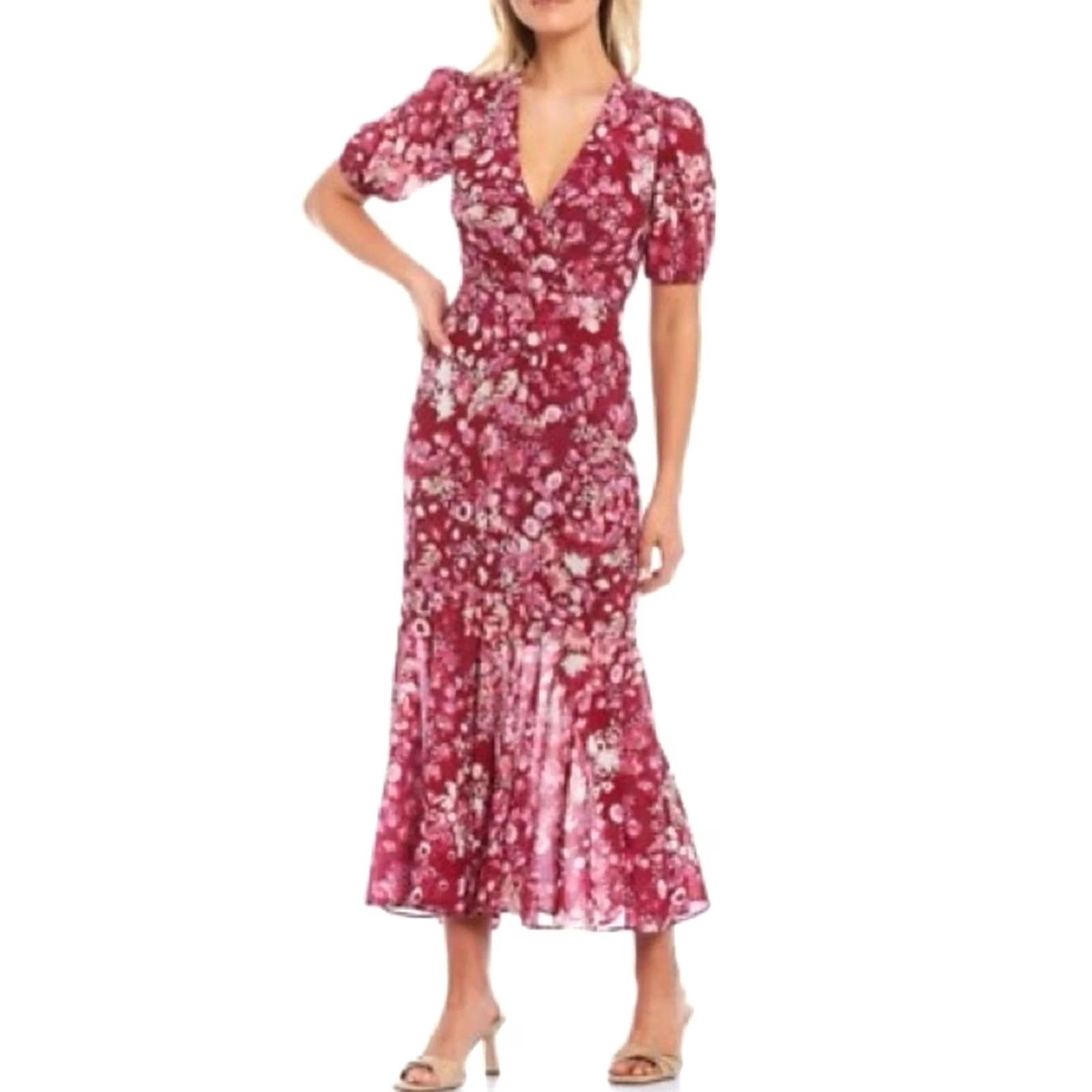 Sachin & Babi NWT Sachin + Babi Erin Pink Puff Sleeve Floral Midi Dress Size 8 Size M / US 6-8 / IT 42-44 - 2 Thumbnail