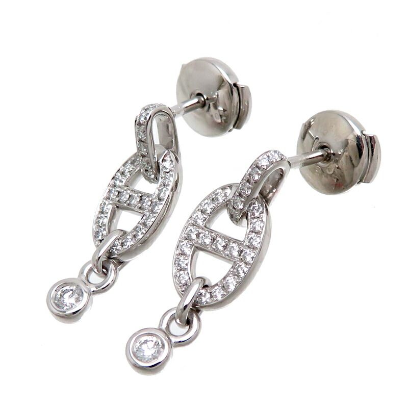 image of Hermes 18K Gold Diamond Chaine D'ancre Drop Earrings in Silver, Women's