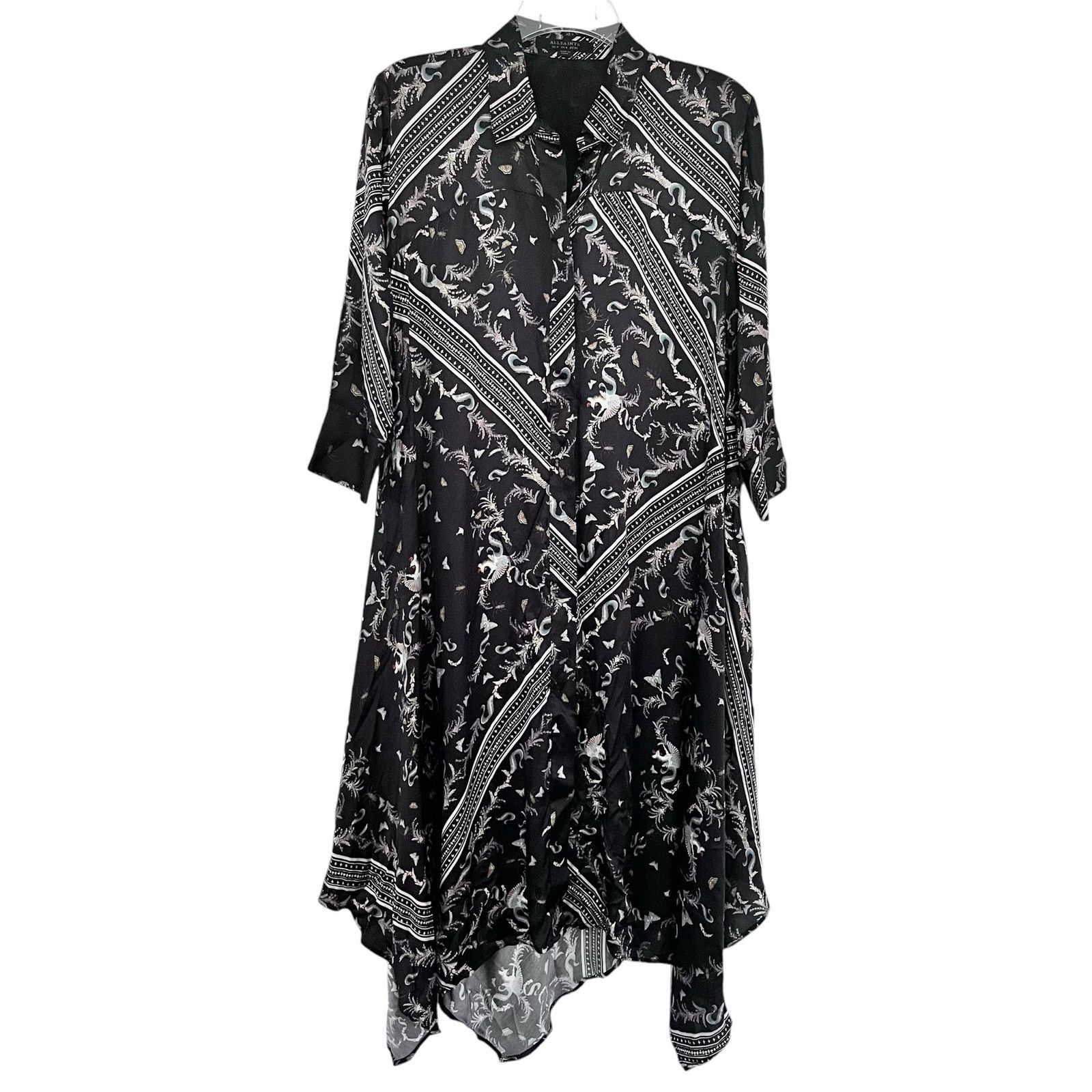 Allsaints All Saints Maia Silk Black Scarf Print Asymmetric Midi Dress Size S / US 4 / IT 40 - 3 Thumbnail