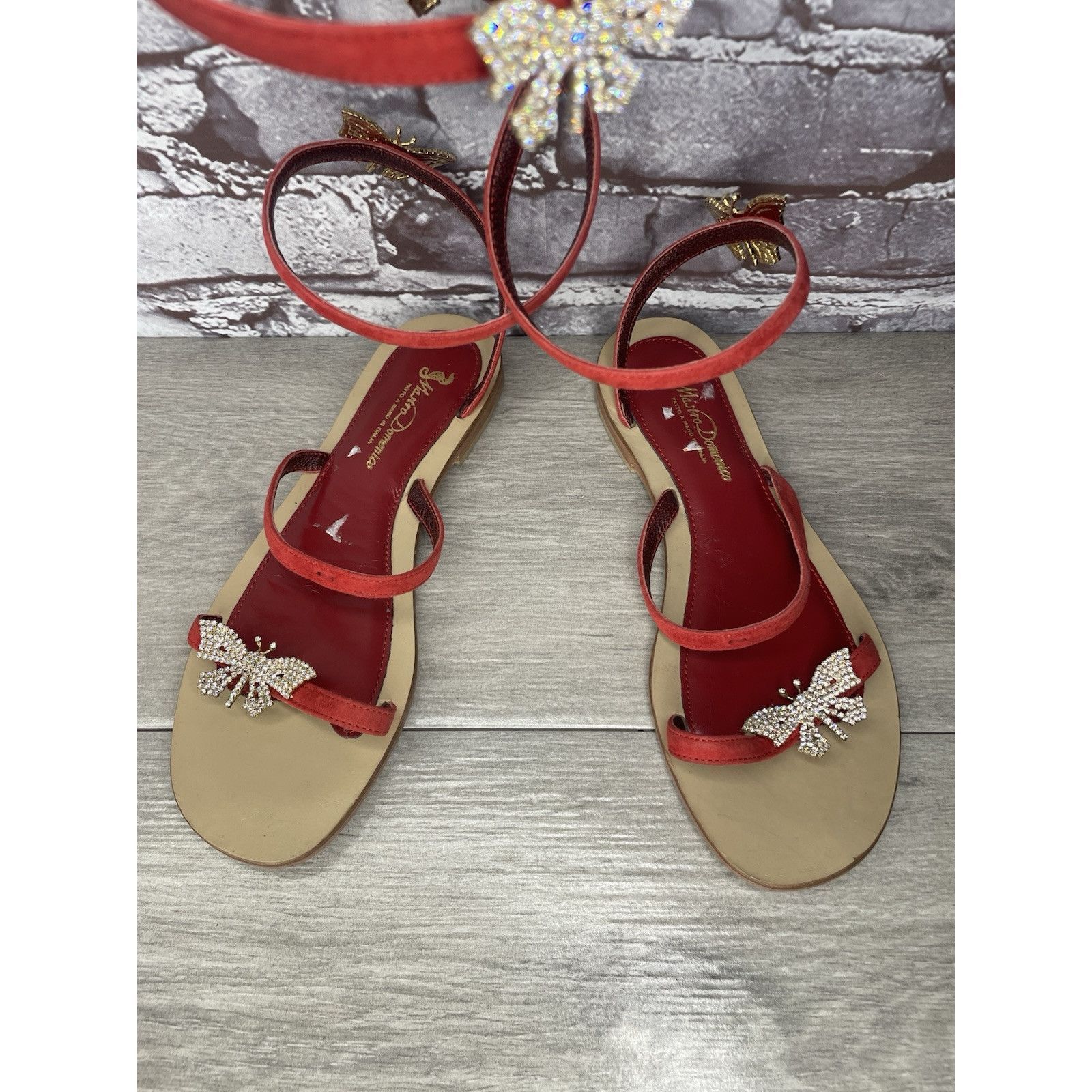 Other Mastro Domenico Red Leather Butterfly Rhinestone Wrap Around Size US 7.5 / IT 37.5 - 10 Thumbnail