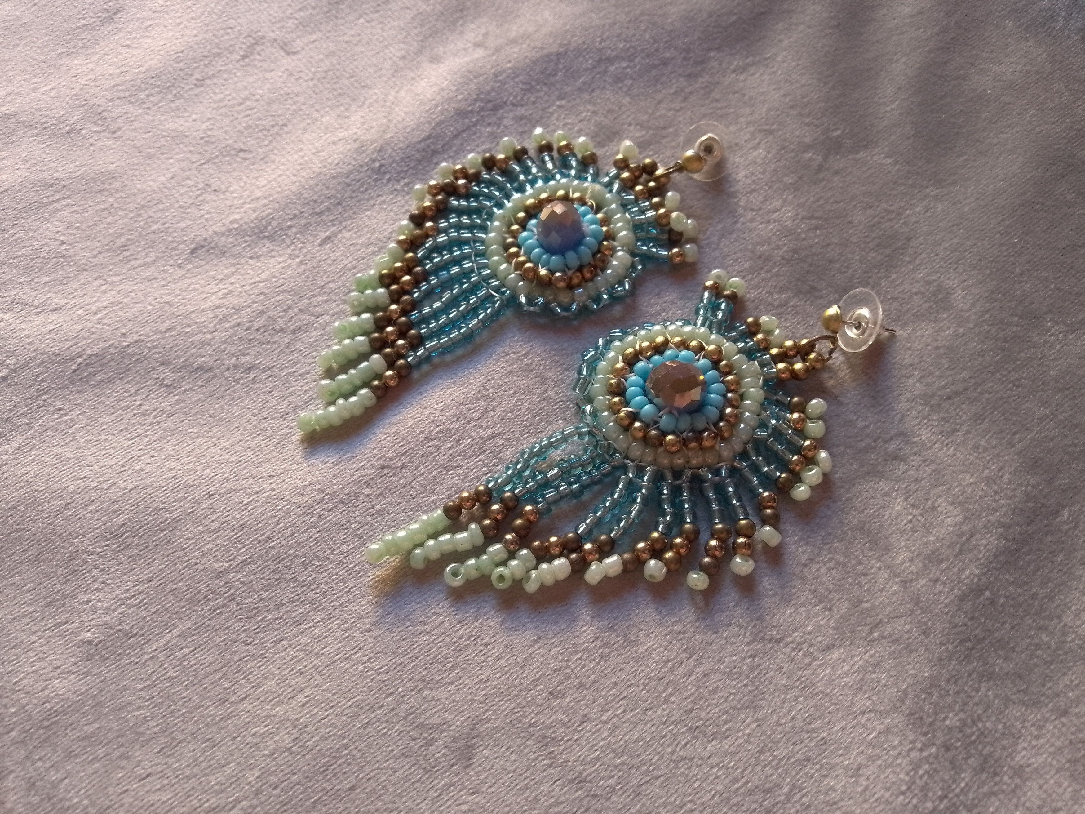 Handmade Earrings Long Crystal Green Turquoise Peacock Feather Size ONE SIZE - 2 Thumbnail